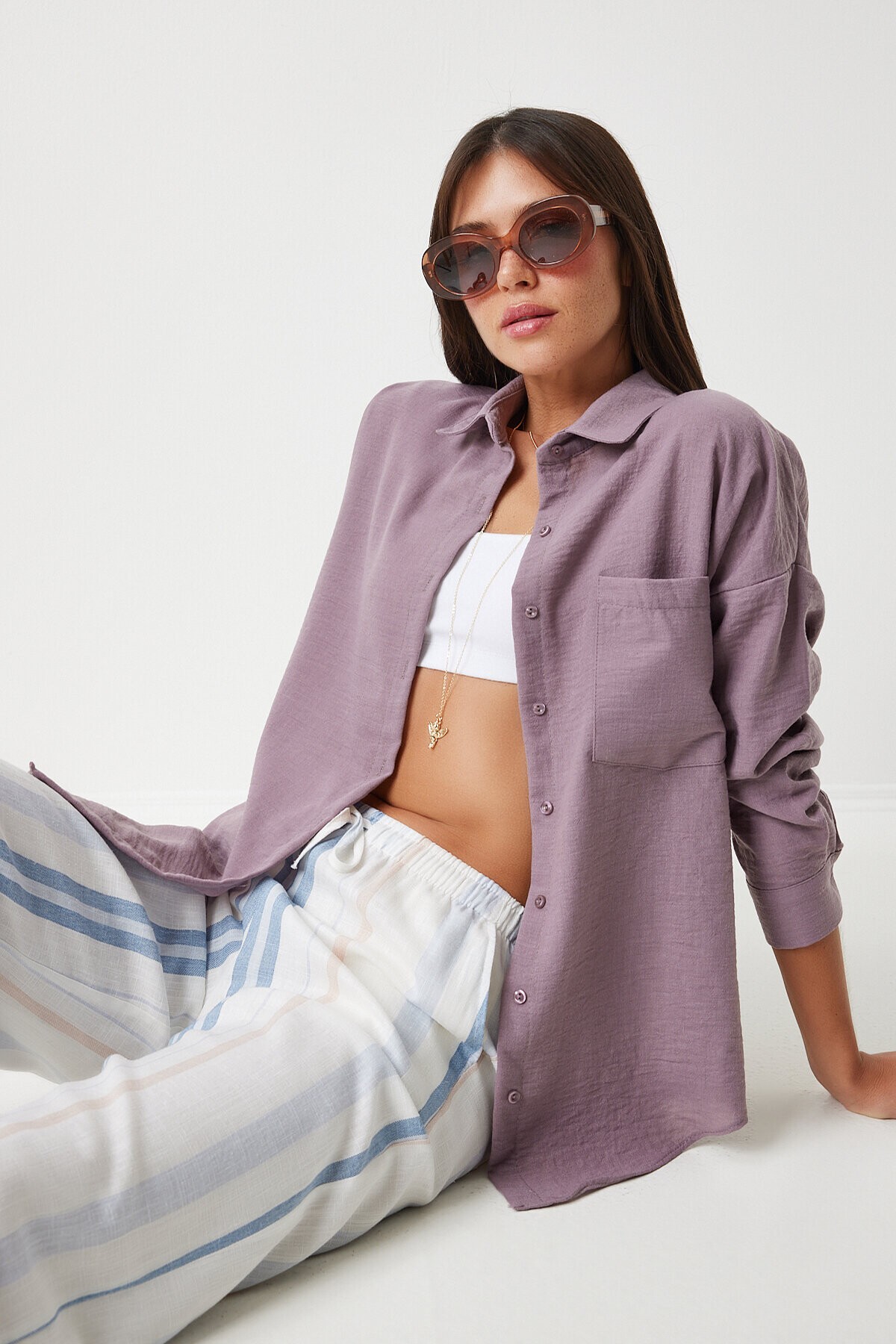 Oversize Basic Keten Ayrobin Gömlek LEYLAK LDD0009