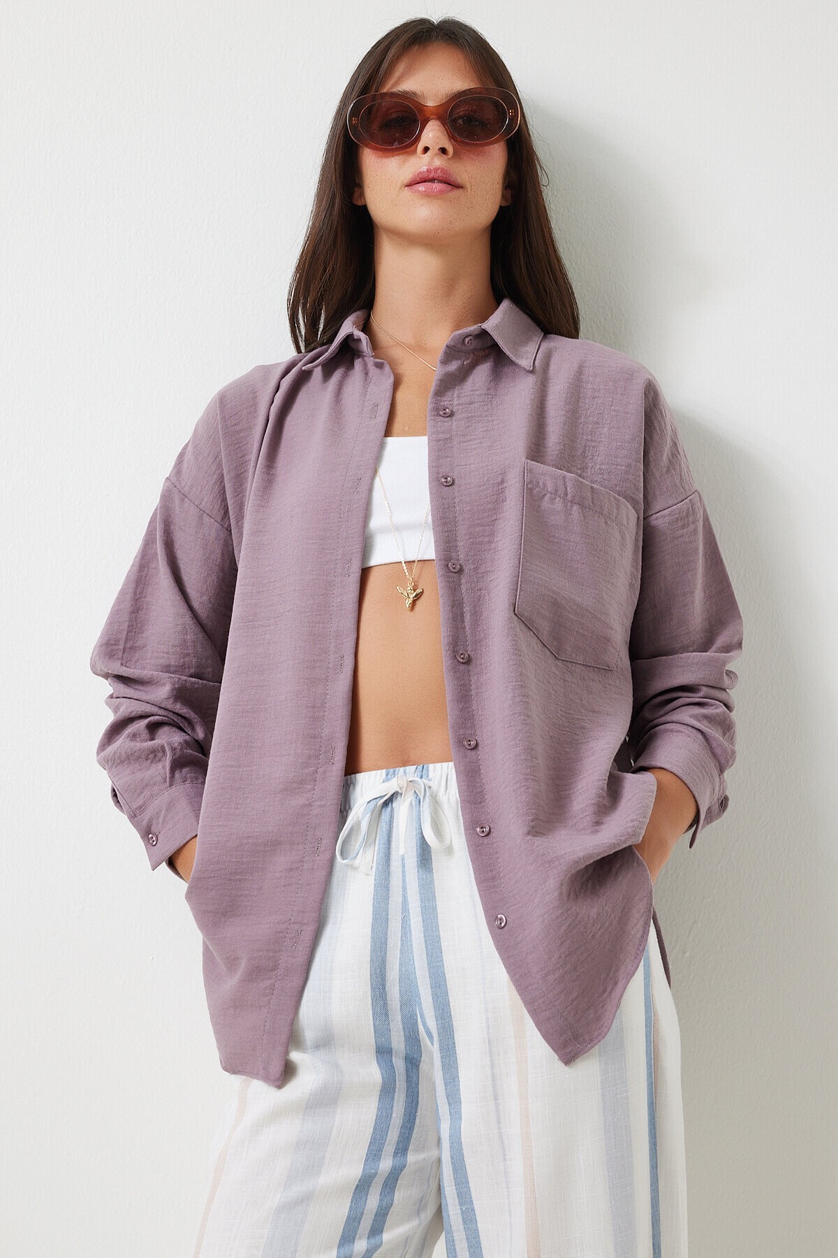 Oversize Basic Keten Ayrobin Gömlek LEYLAK LDD0009