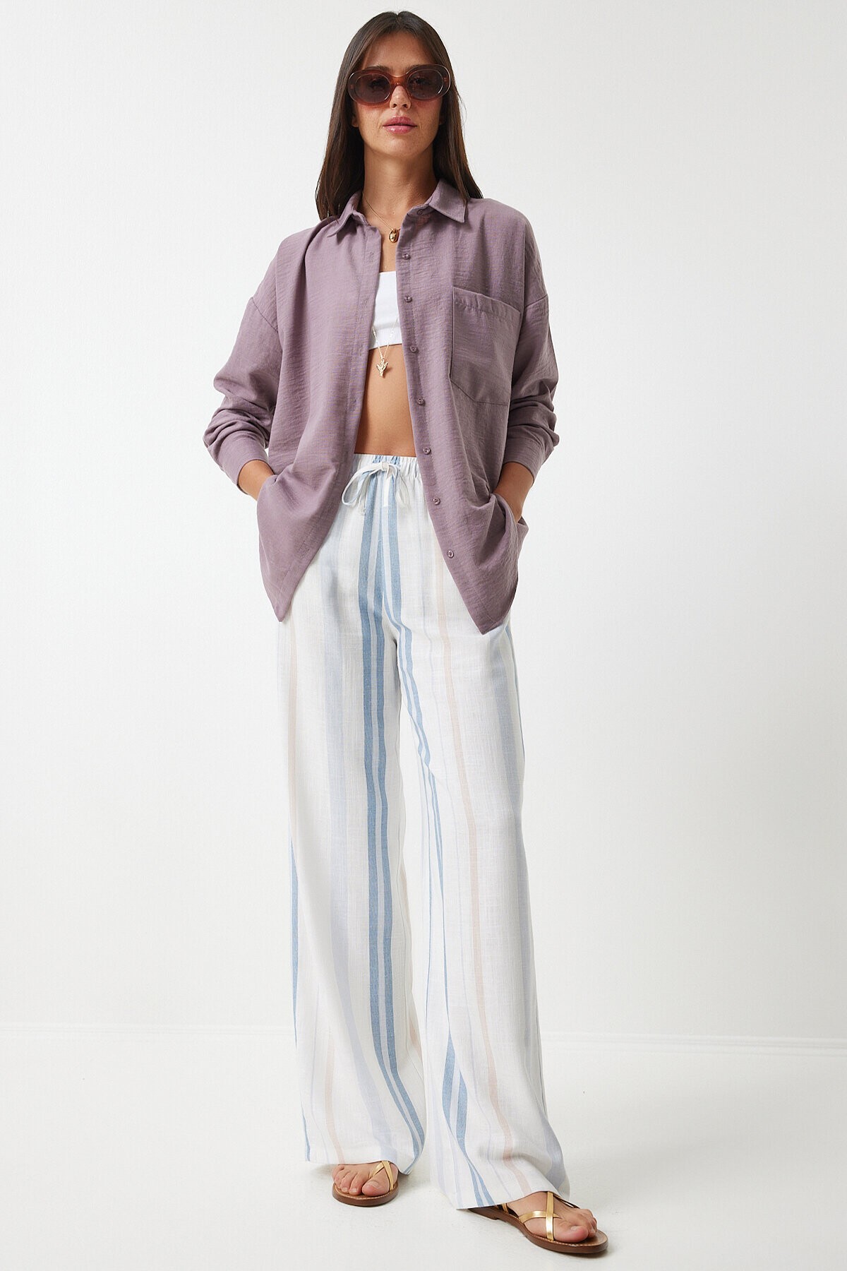 Oversize Basic Keten Ayrobin Gömlek LEYLAK LDD0009
