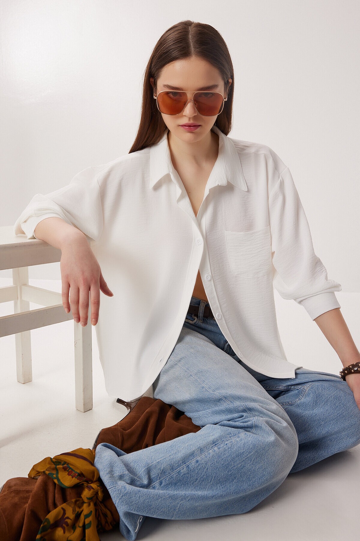 Oversize Cepli Dokuma Gömlek EKRU LDZ0063