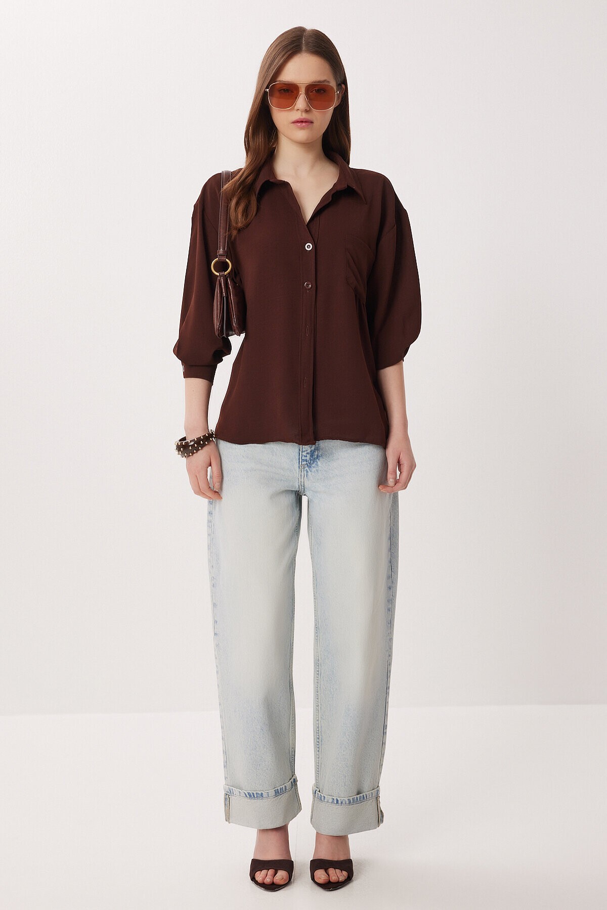 Oversize Cepli Dokuma Gömlek KAHVERENGİ LDZ0063