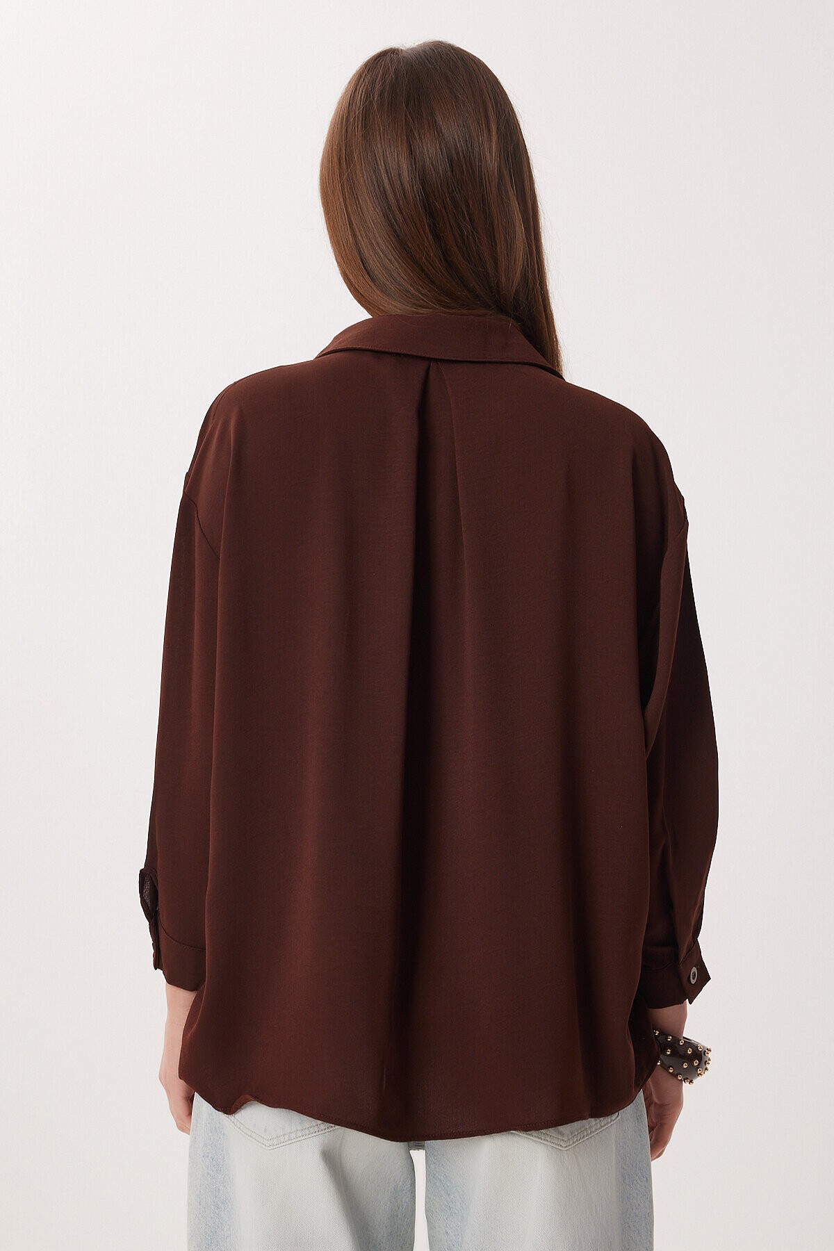 Oversize Cepli Dokuma Gömlek KAHVERENGİ LDZ0063
