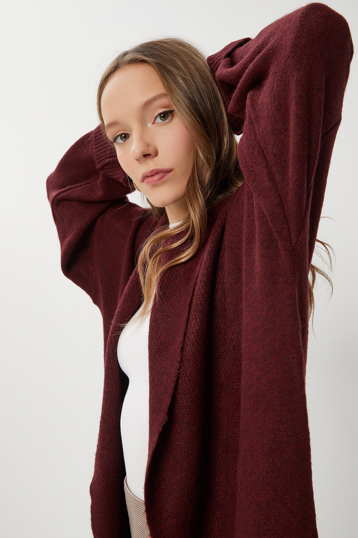 Oversize Uzun Triko Hırka BORDO LDD0129