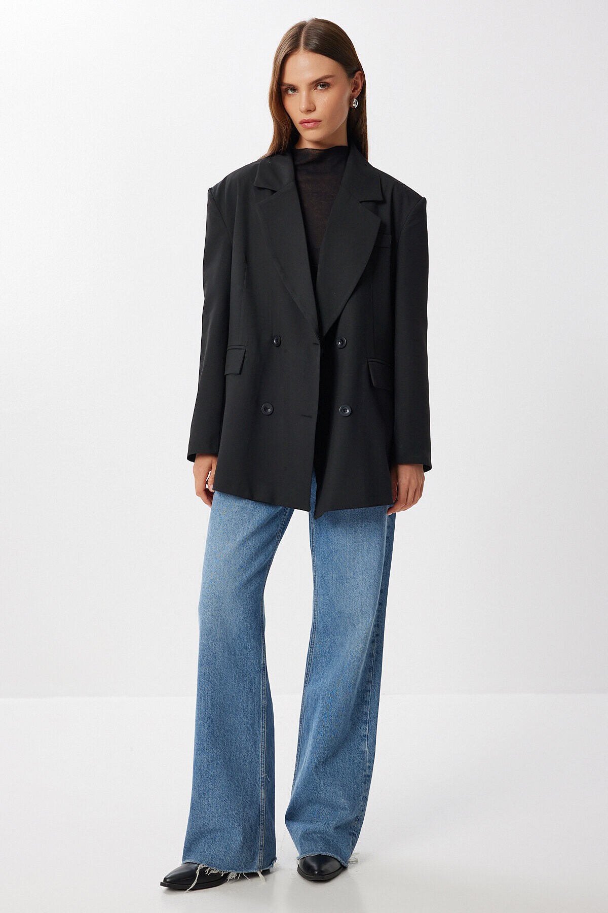 Oversize Vatkalı Dokuma Ceket SİYAH LDW0006