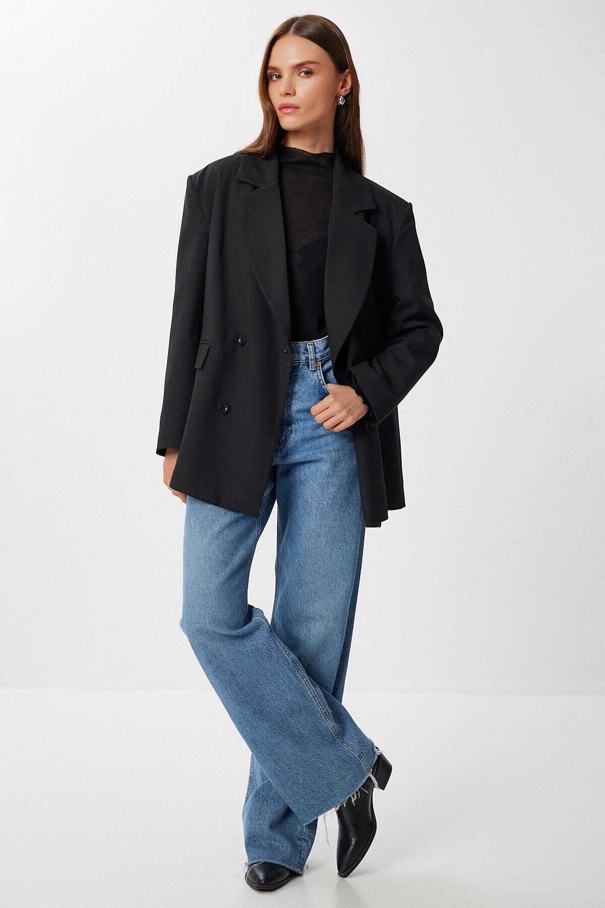 Oversize Vatkalı Dokuma Ceket SİYAH LDW0006
