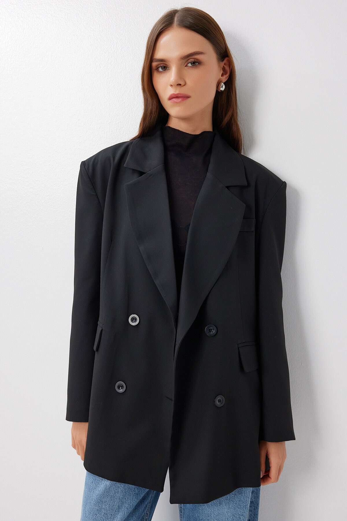 Oversize Vatkalı Dokuma Ceket SİYAH LDW0006