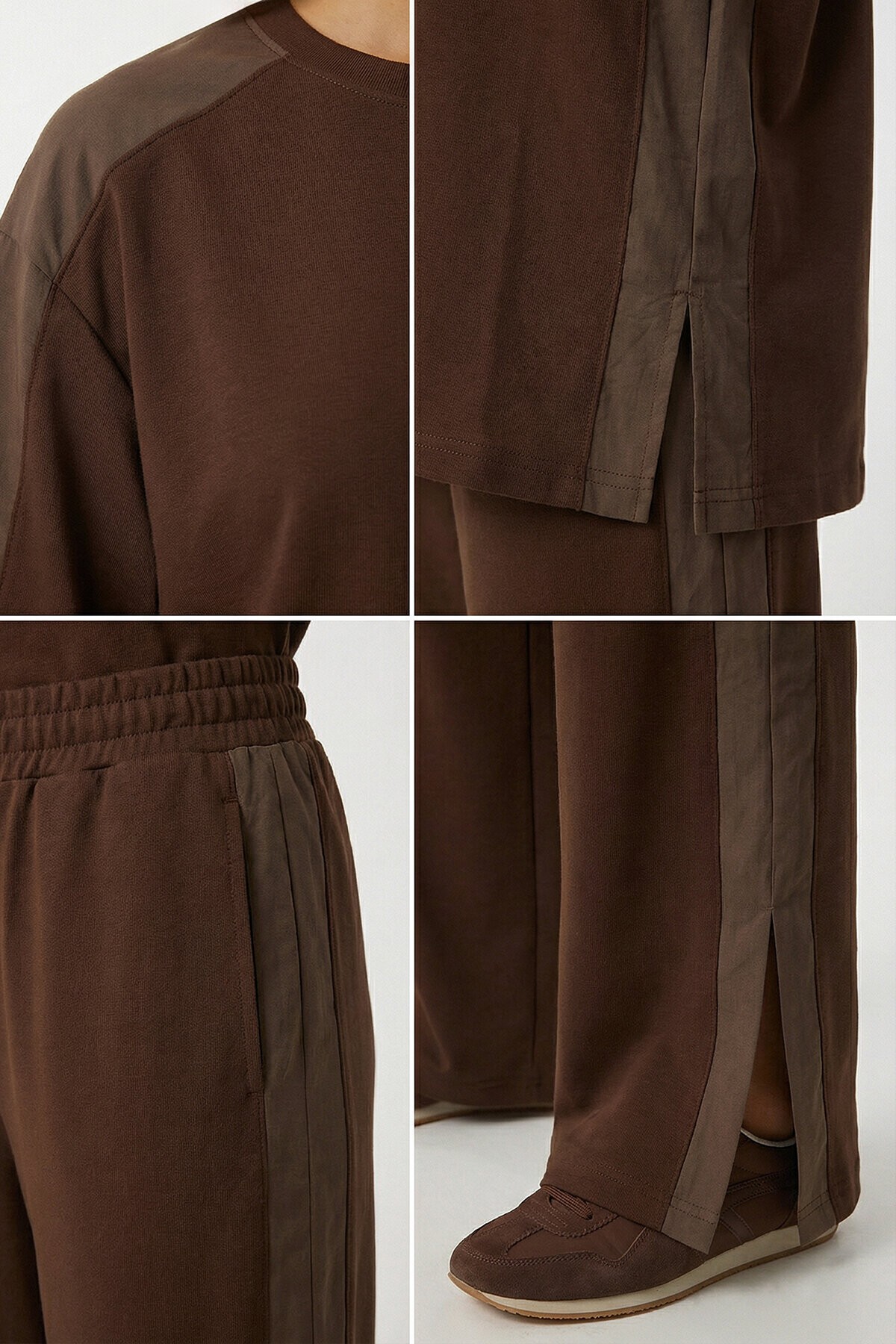 Oversize Yırtmaçlı Paraşüt Garnili Modal Takım KAHVERENGİ LBY0043