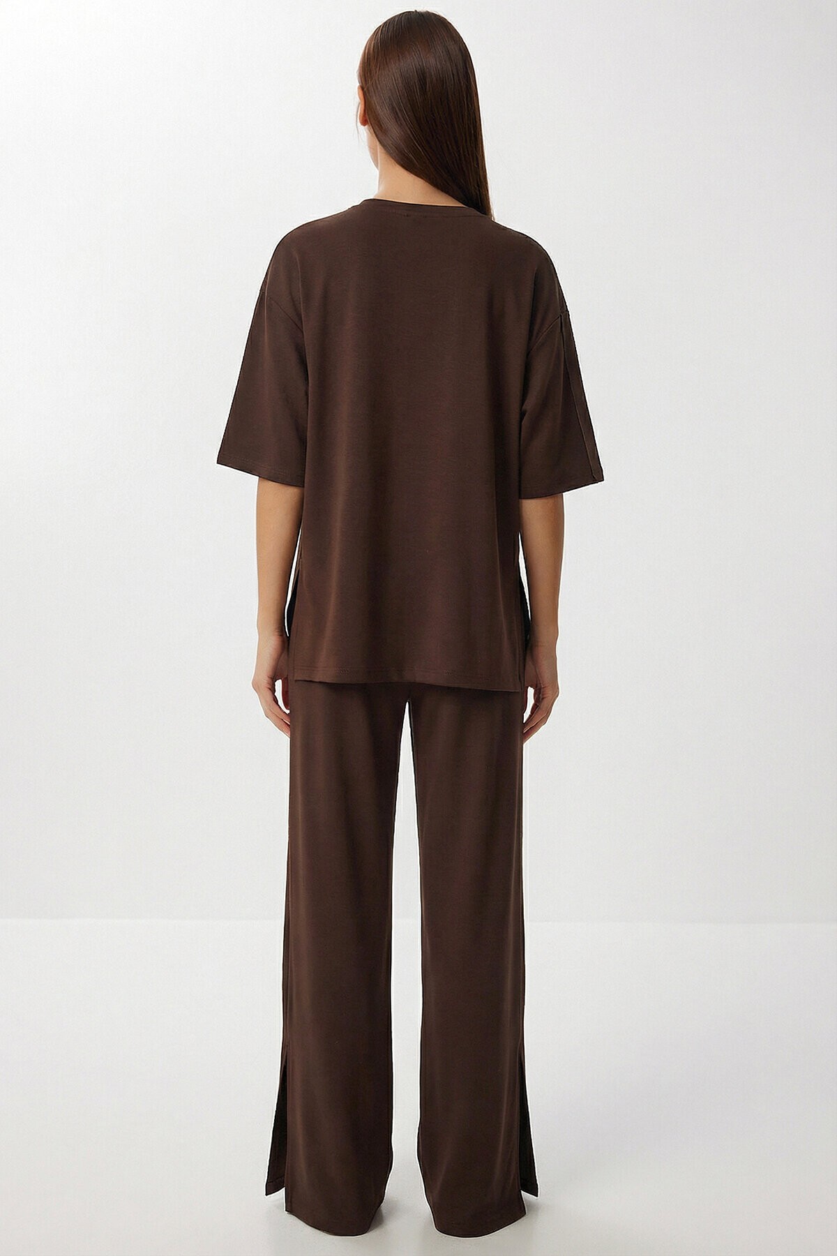 Oversize Yırtmaçlı Paraşüt Garnili Modal Takım KAHVERENGİ LBY0043