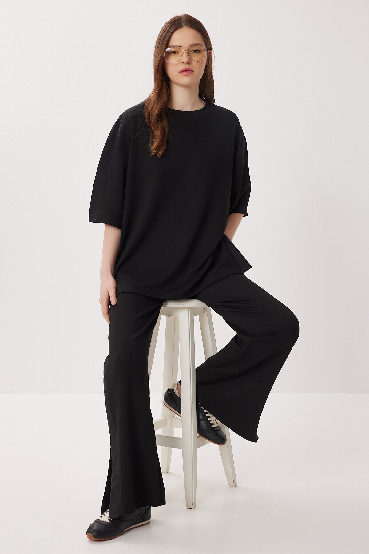 Oversize Yırtmaçlı Paraşüt Garnili Modal Takım SİYAH LBY0043