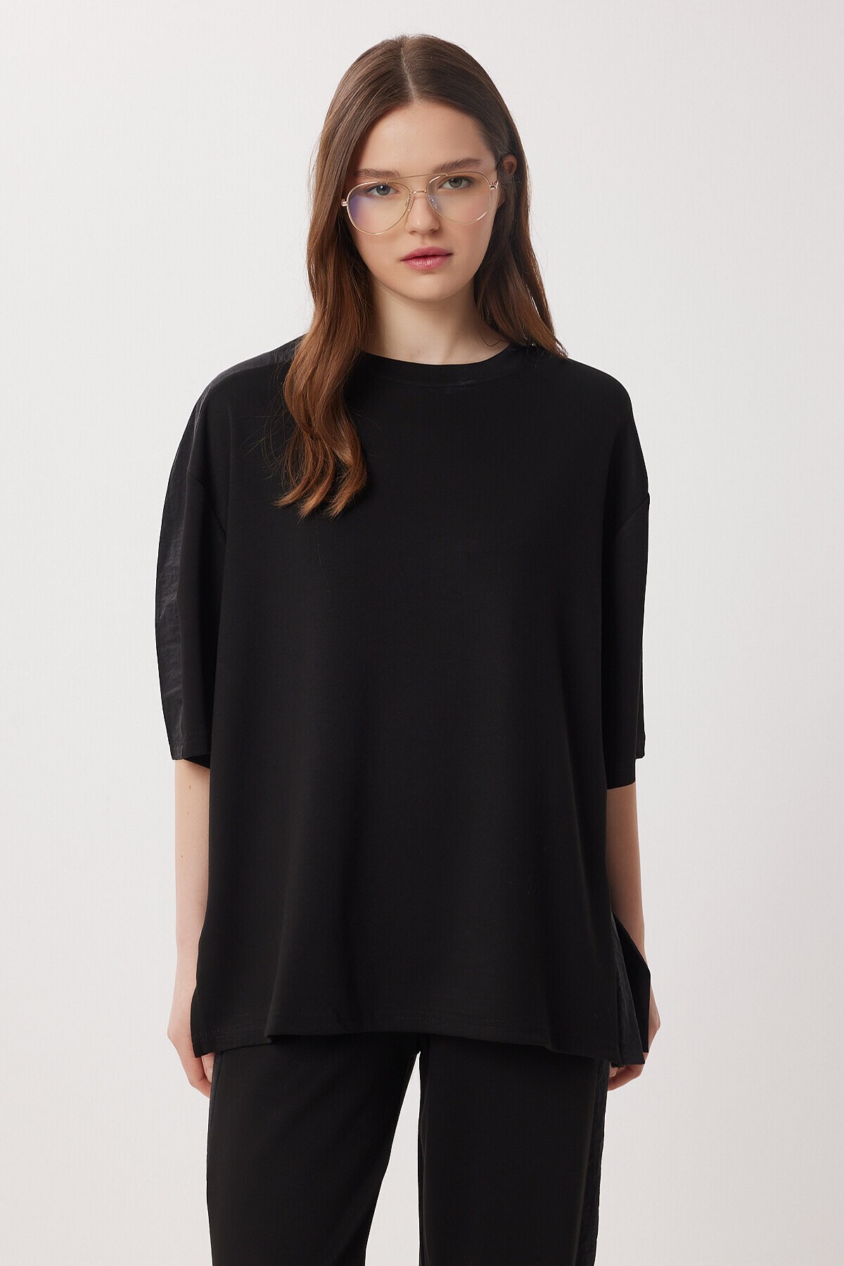 Oversize Yırtmaçlı Paraşüt Garnili Modal Takım SİYAH LBY0043