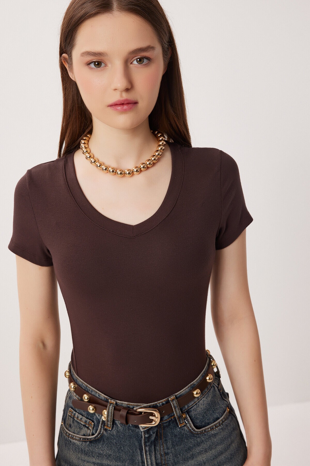 V Yaka Basic Örme T-shirt KAHVERENGİ LDZ0069
