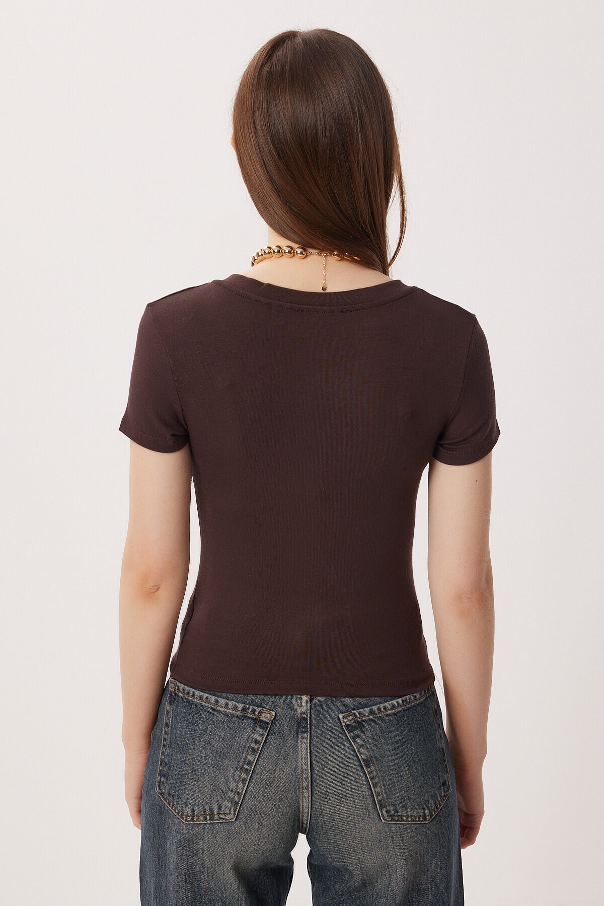 V Yaka Basic Örme T-shirt KAHVERENGİ LDZ0069