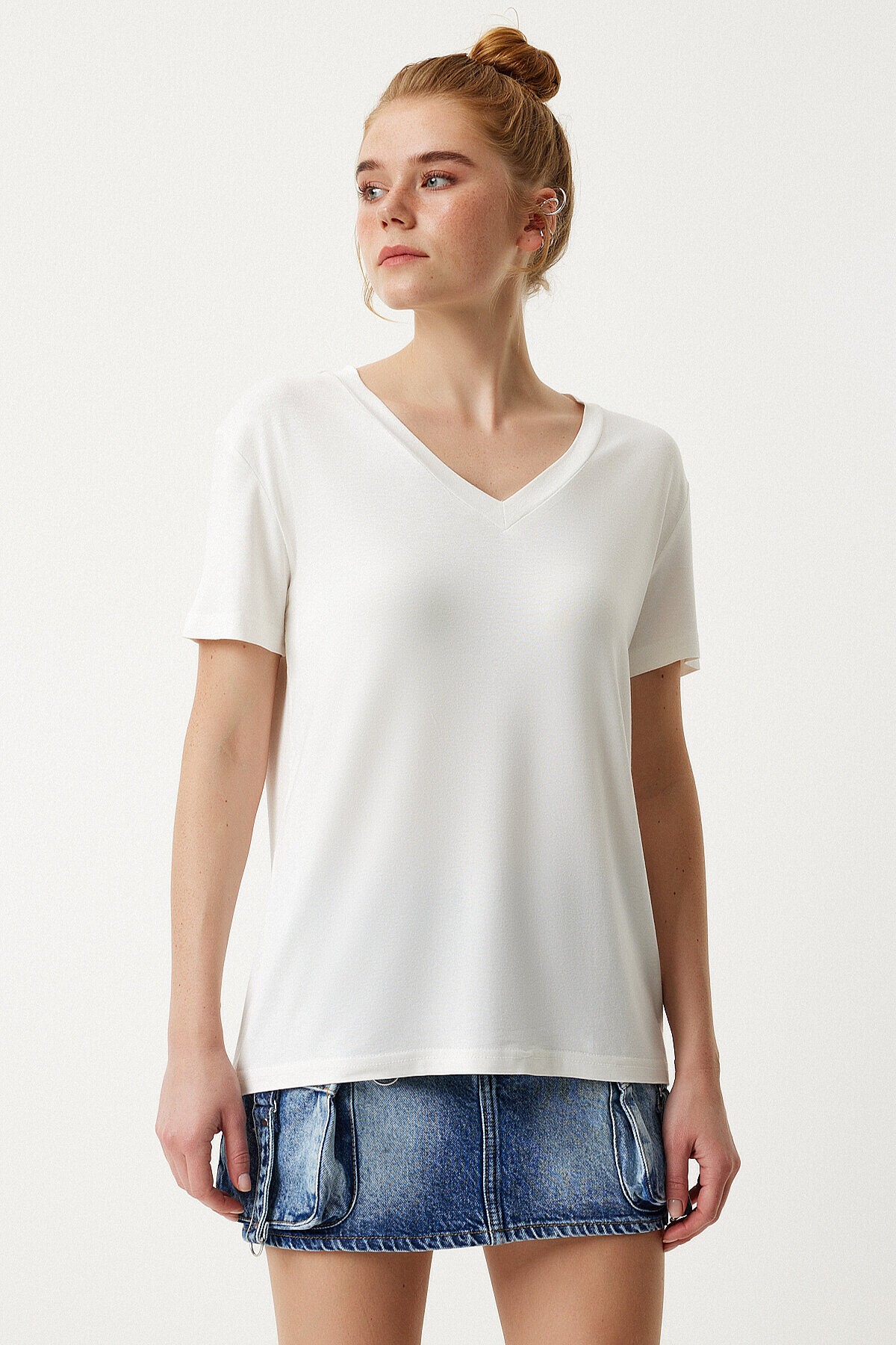 V Yaka Basic Viskon T-shirt EKRU LEN0001