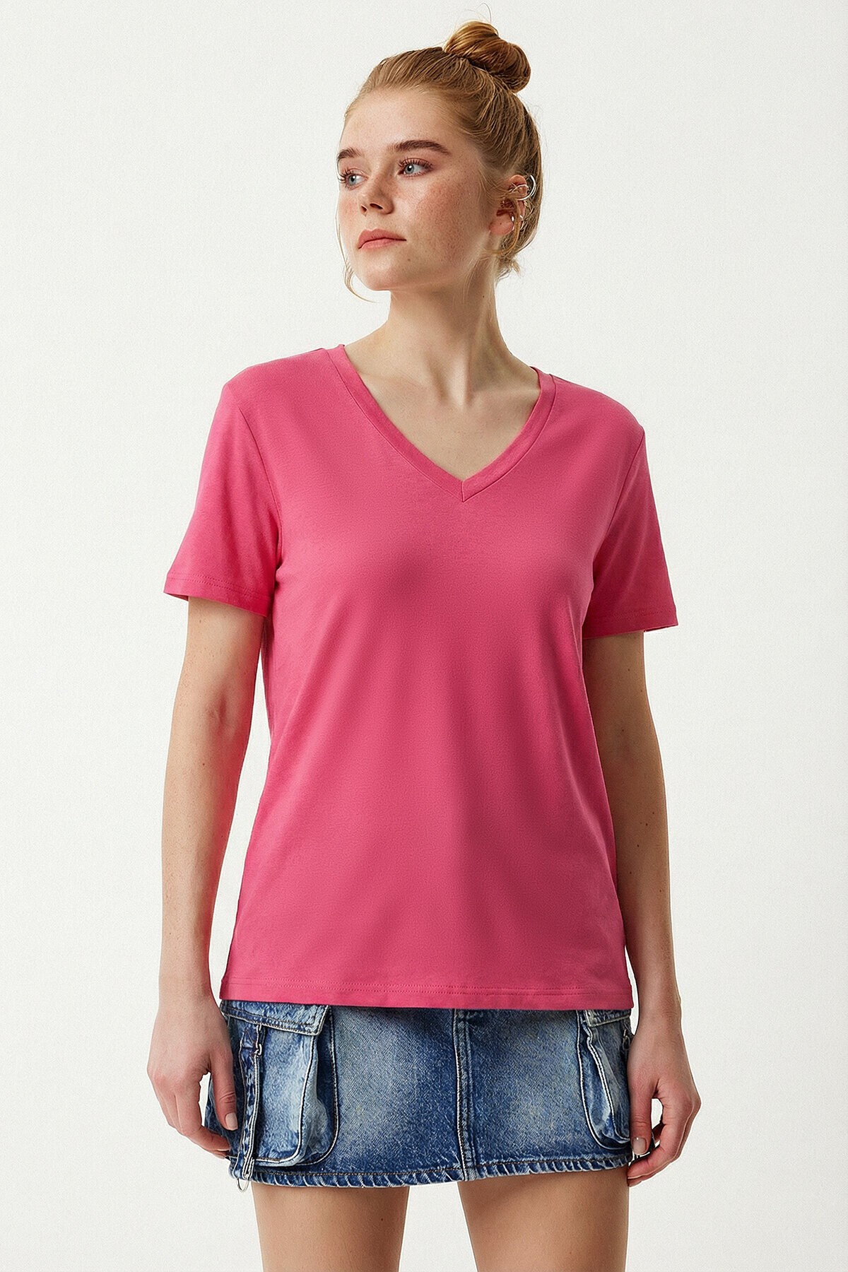 V Yaka Basic Viskon T-shirt KOYU PEMBE LEN0001