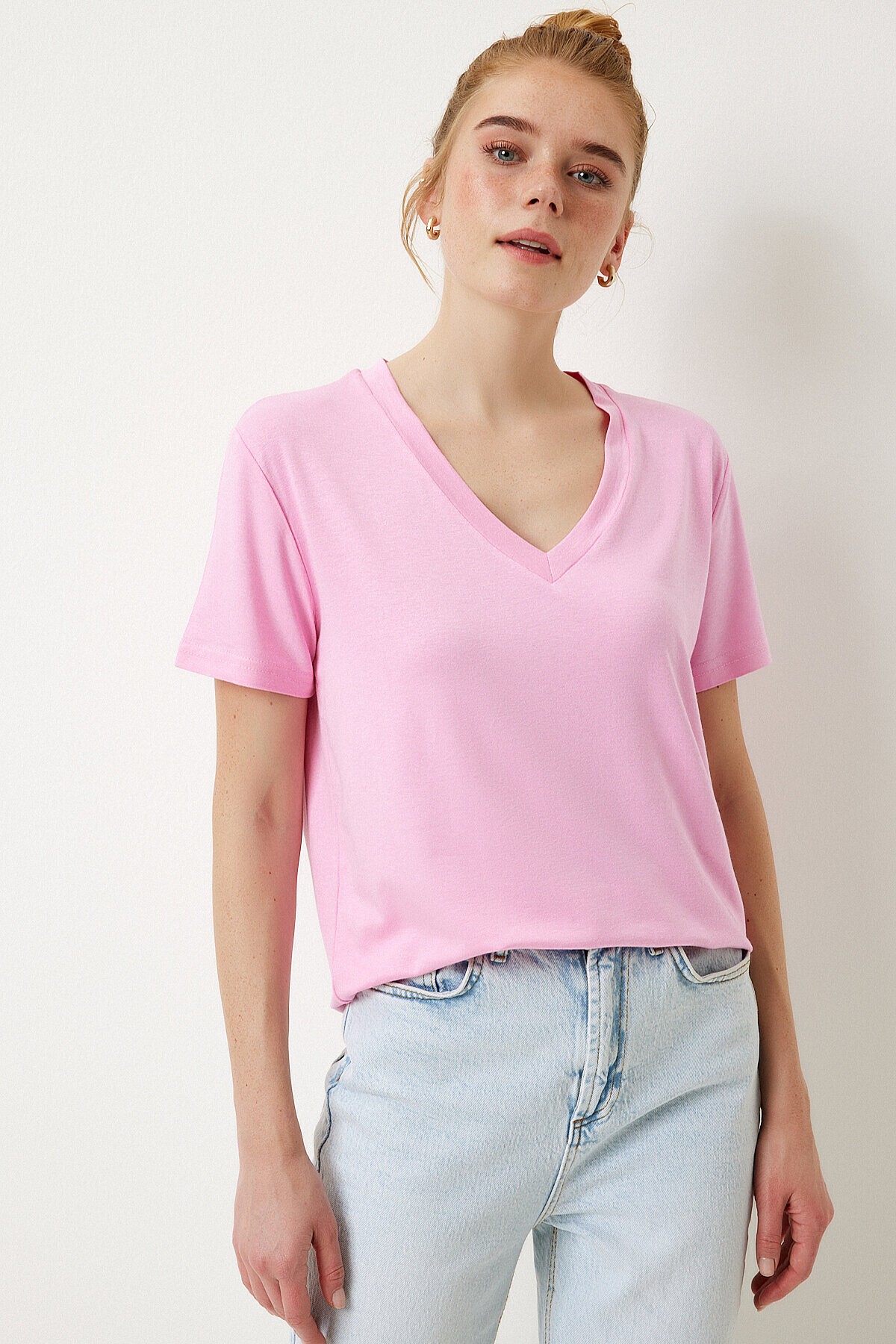 V Yaka Basic Viskon T-shirt PEMBE LEN0001