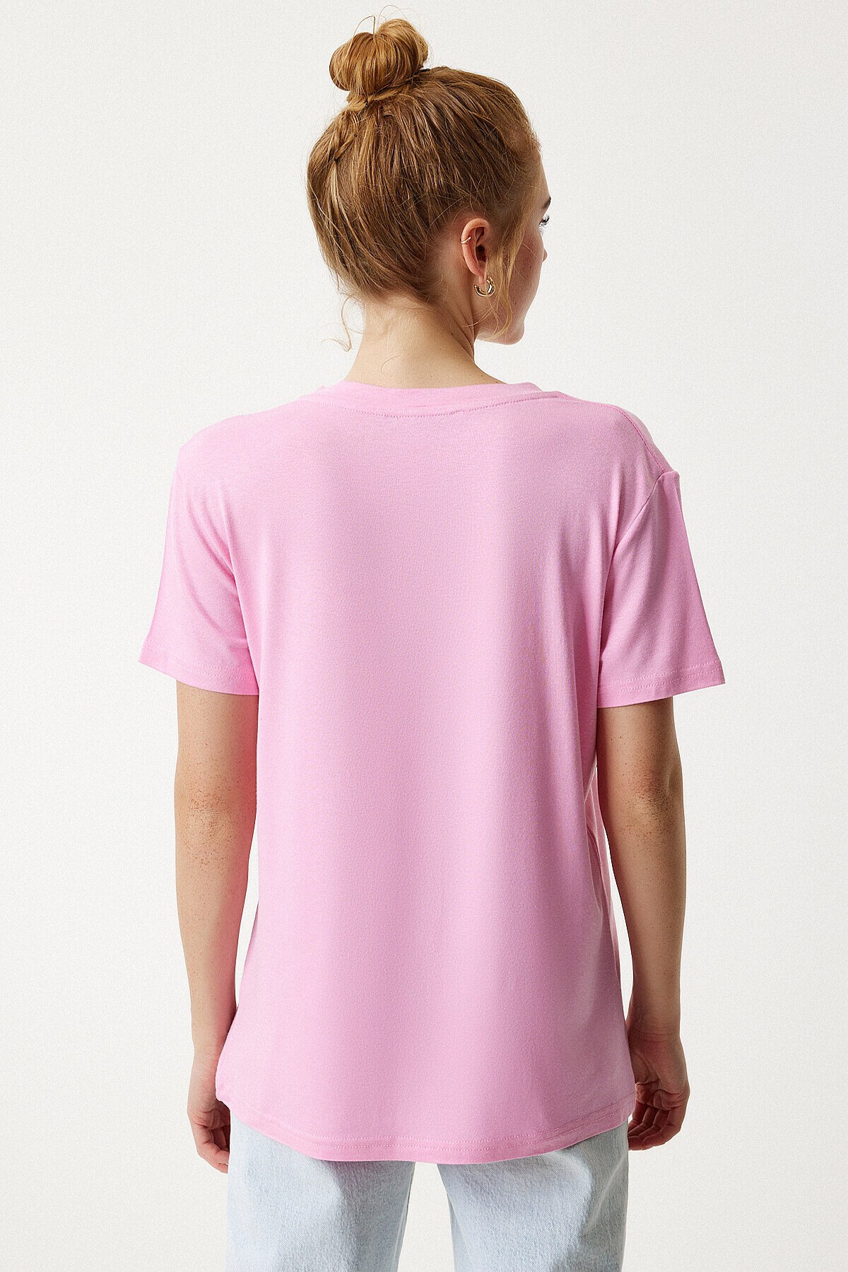 V Yaka Basic Viskon T-shirt PEMBE LEN0001