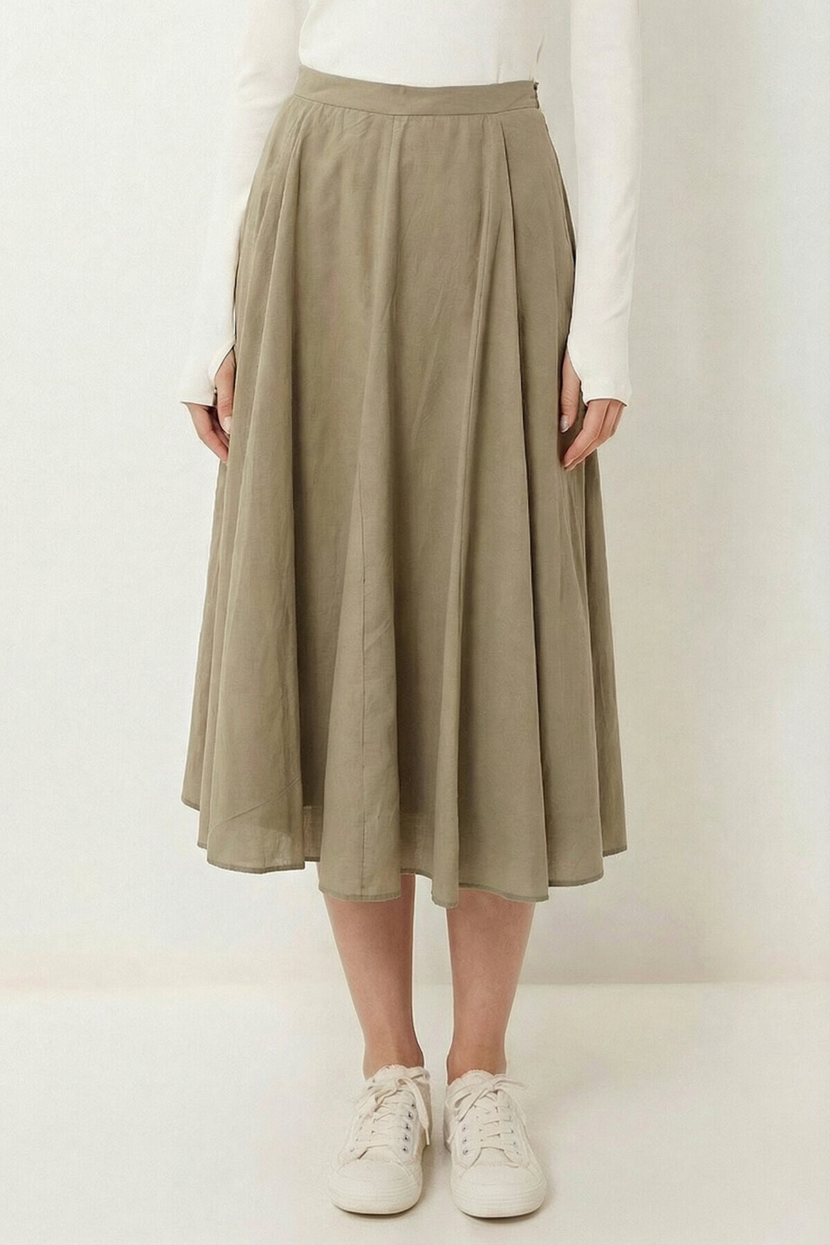 Yazlık Kloş Midi Dokuma Etek ZEYTİN YEŞİLİ LCR0110