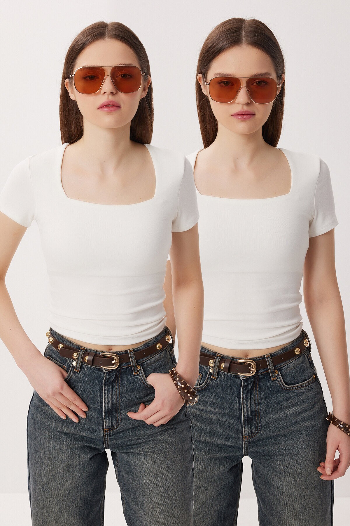 2li Paket Kare Yaka Basic Örme T-shirt KEMİK KEMİK LDZ0059