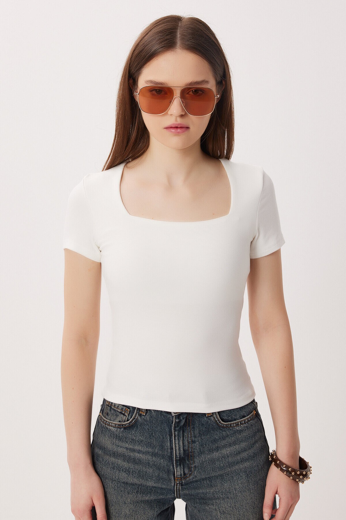 2li Paket Kare Yaka Basic Örme T-shirt KEMİK KEMİK LDZ0059