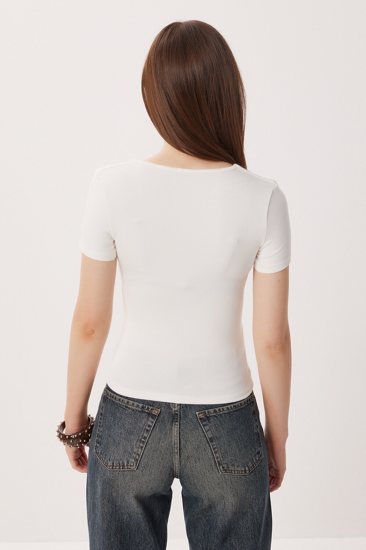 2li Paket Kare Yaka Basic Örme T-shirt KEMİK KEMİK LDZ0059