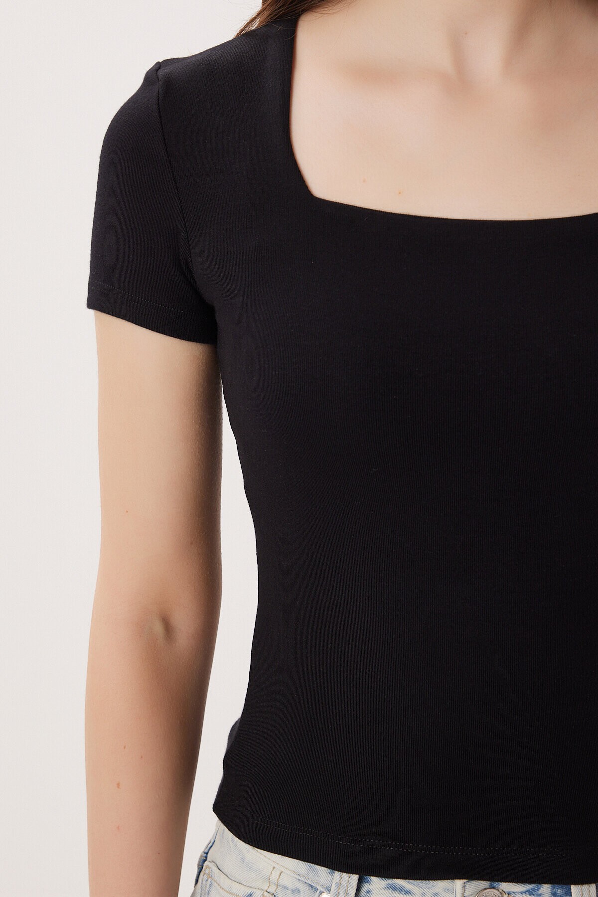 2li Paket Kare Yaka Basic Örme T-shirt SİYAH SİYAH LDZ0059
