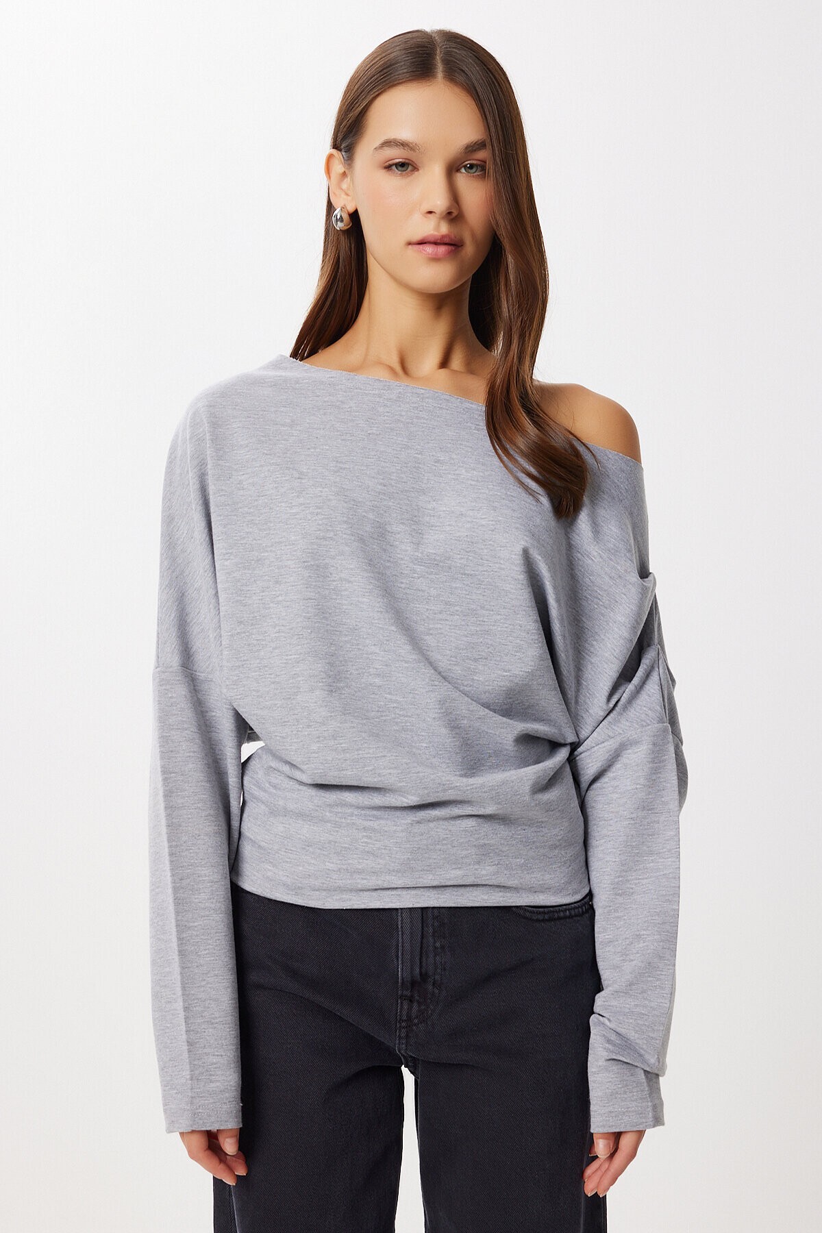 Açık Omuzlu Örme Sweatshirt GRİ MELANJ LEN0044