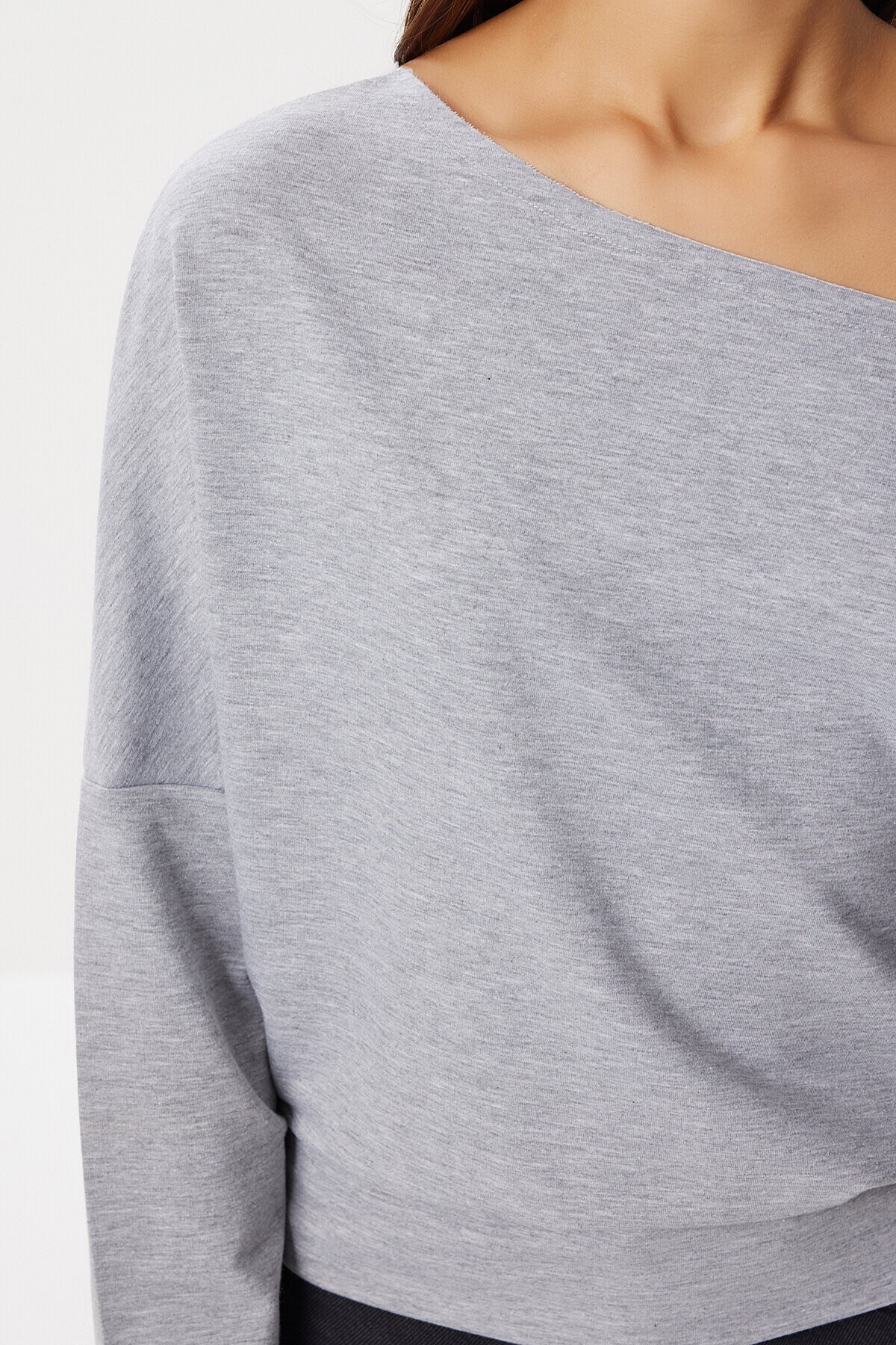 Açık Omuzlu Örme Sweatshirt GRİ MELANJ LEN0044