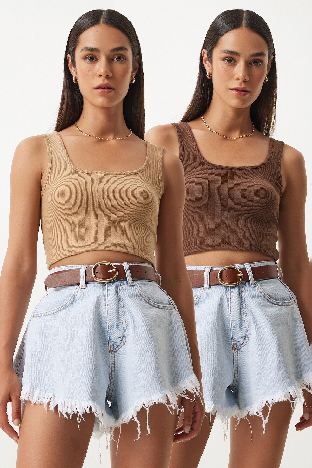 Askılı Crop 2li Paket Örme Bluz KAHVERENGİ BİSKÜVİ LGT0003