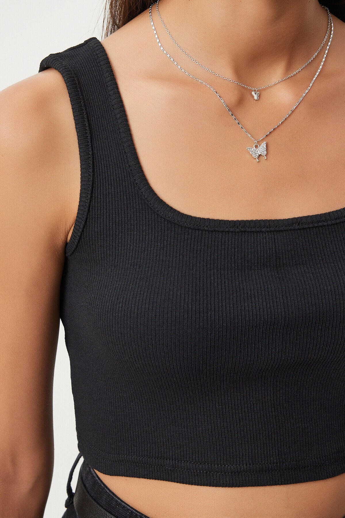 Askılı Crop 2li Paket Örme Bluz SİYAH BEYAZ LGT0003