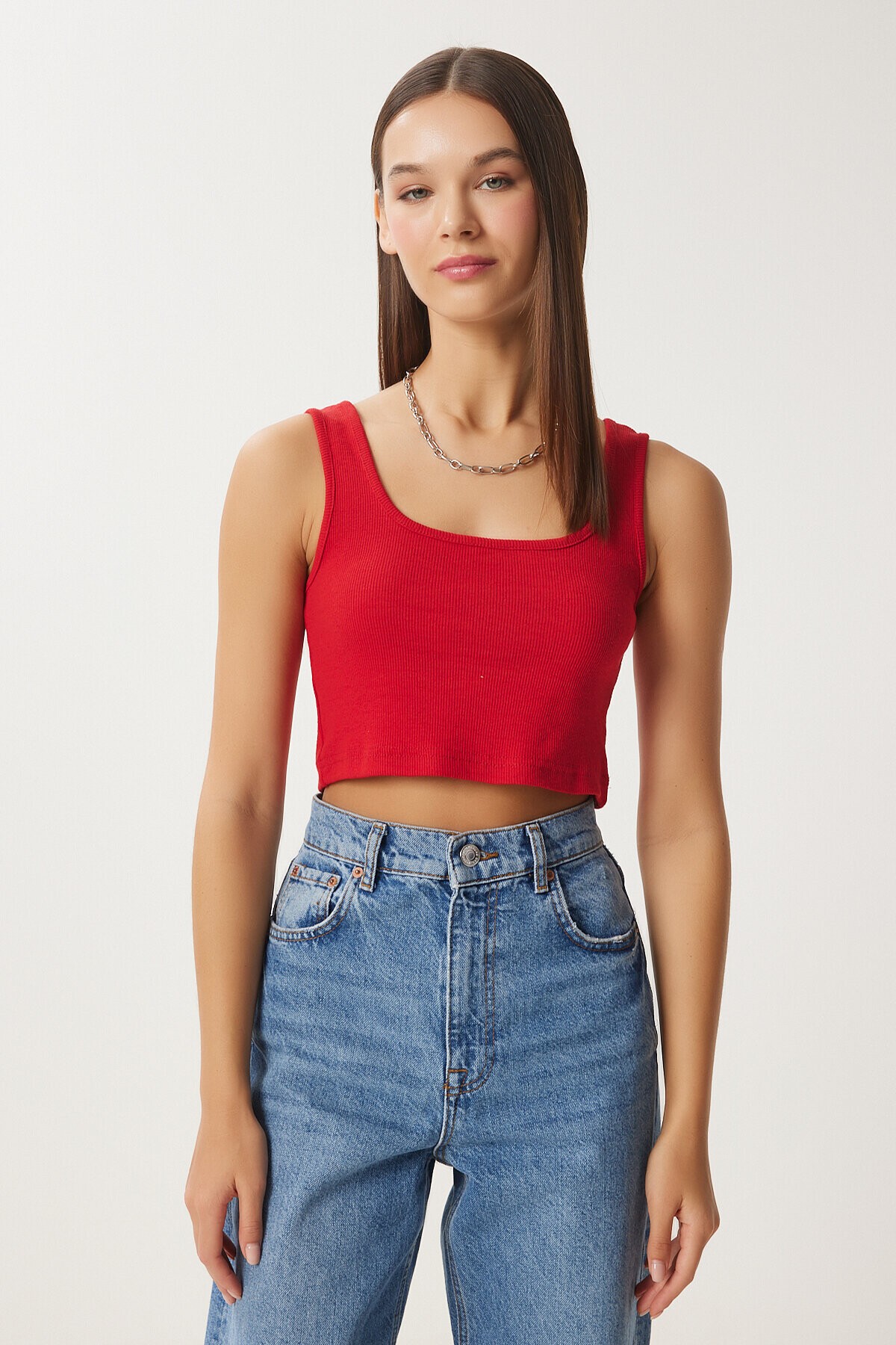 Askılı Crop 3lü Paket Örme Bluz KIRMIZI GRİ MELANJ KOYU MAVİ LGT0005