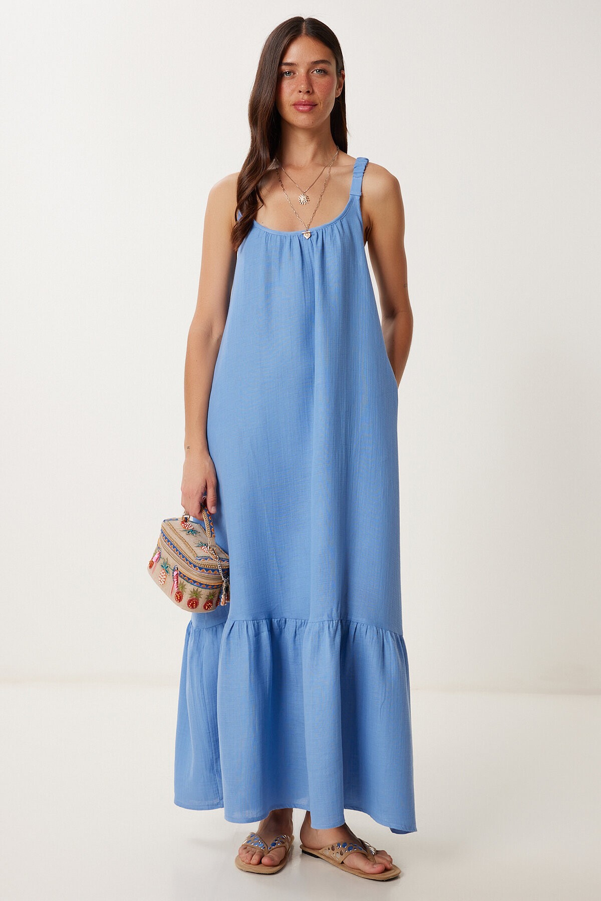 Askılı Volanlı Yazlık Müslin Elbise İNDİGO MAVİ LFZ0002