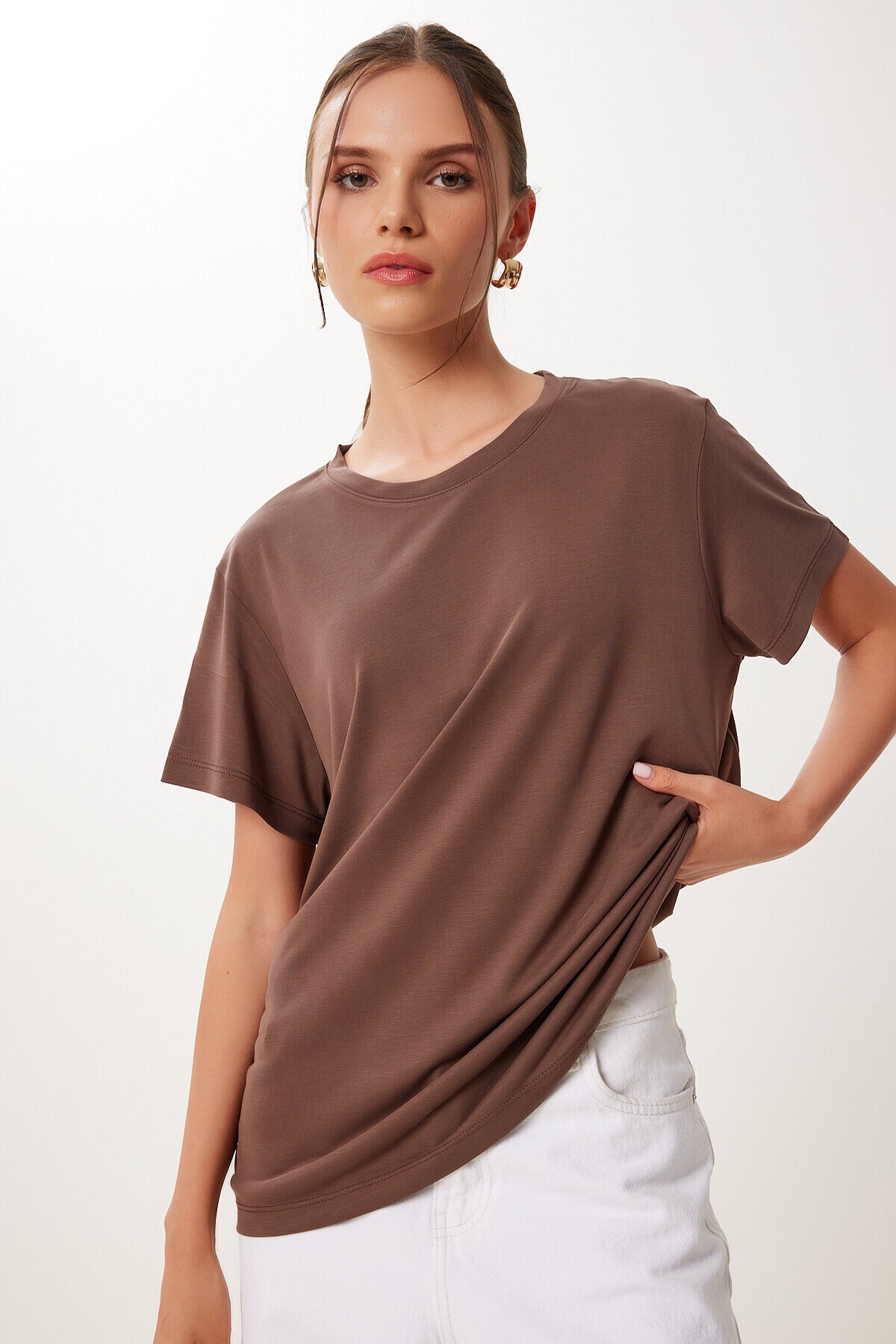 Basic Modal Örme T-shirt KAHVERENGİ LFN0101