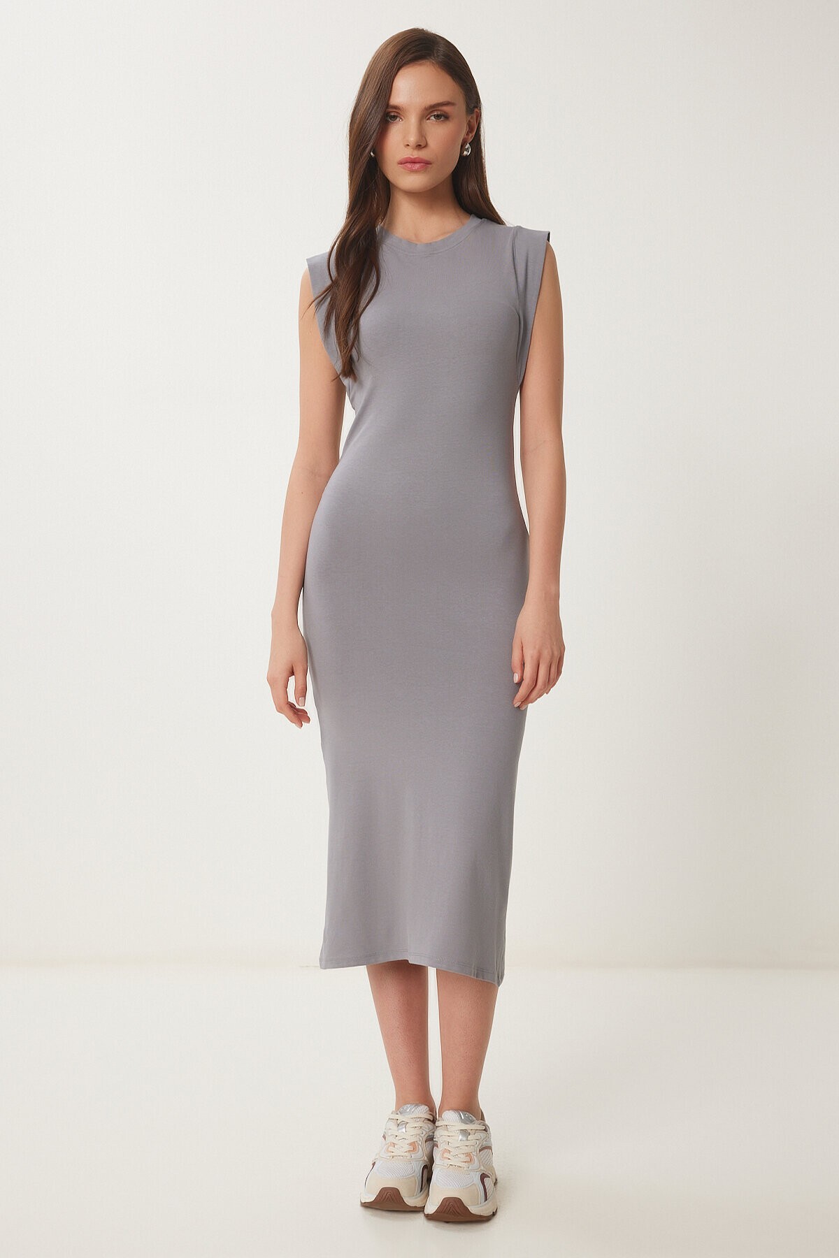 Basic Yazlık Midi Örme Elbise GRİ LFW0004
