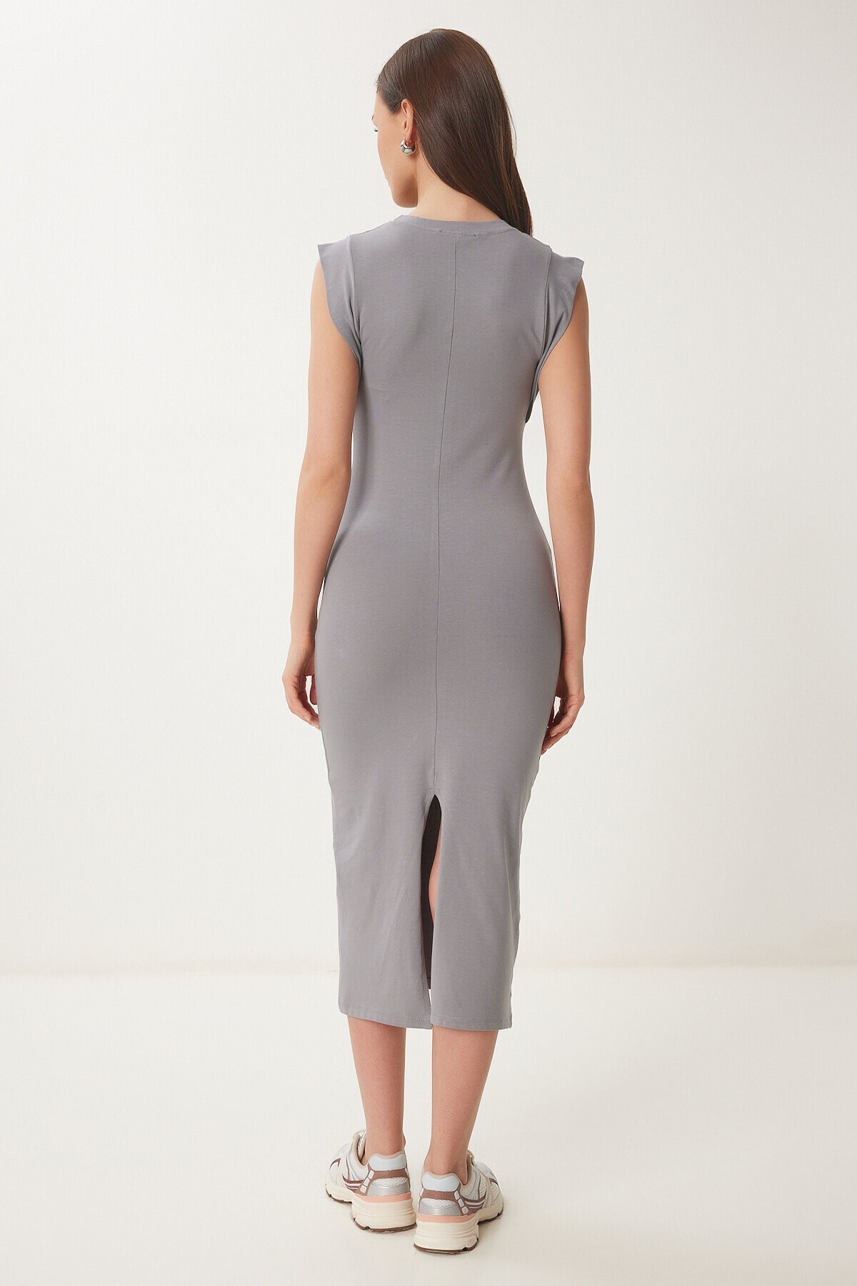Basic Yazlık Midi Örme Elbise GRİ LFW0004