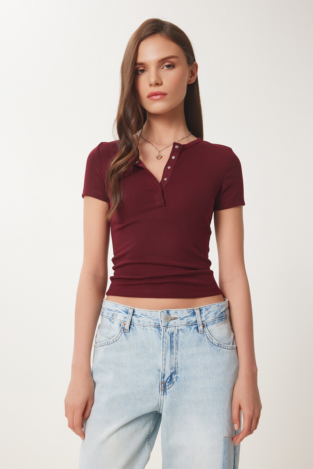 Çıtçıtlı Basic Örme Crop Bluz BORDO LFW0003