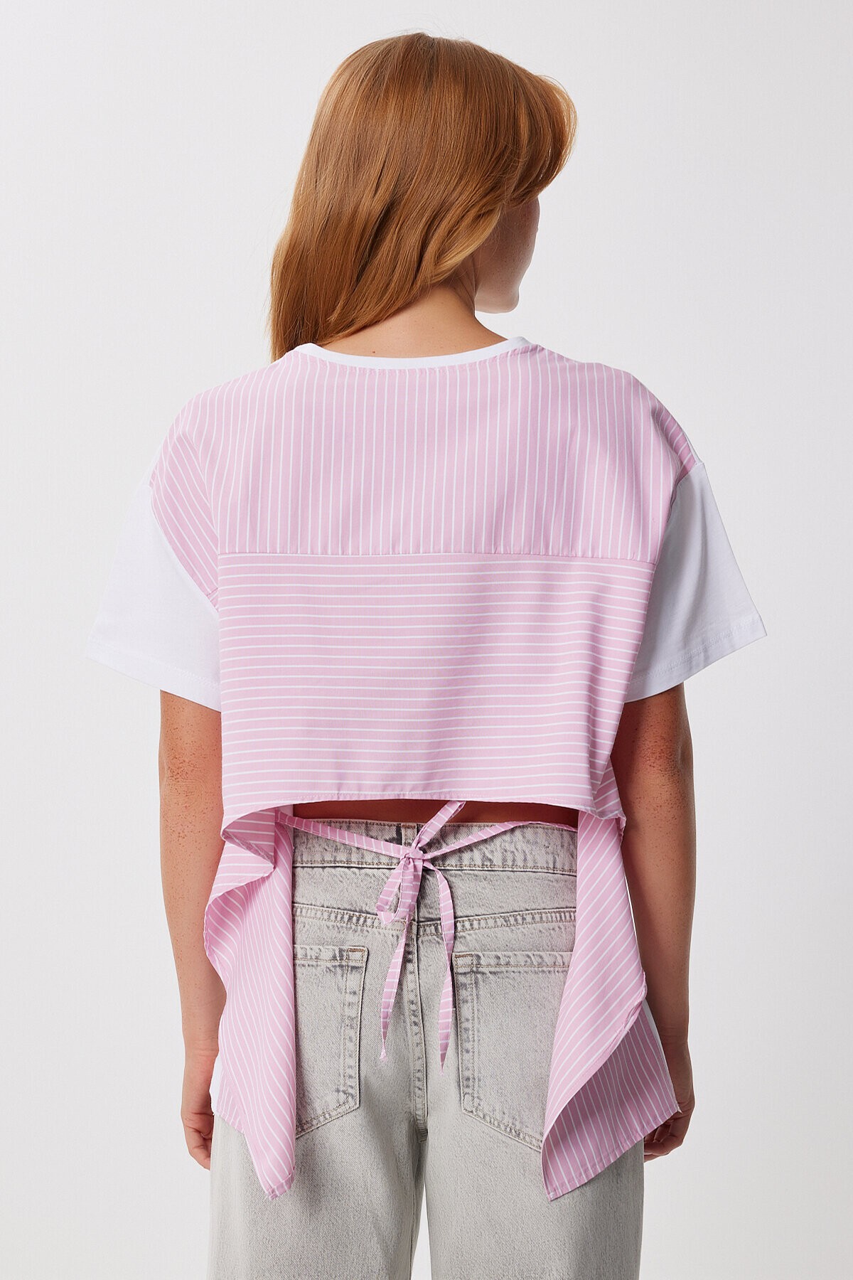 Çizgili Bağlama Detaylı Örme T-shirt BEYAZ PEMBE LFZ0004