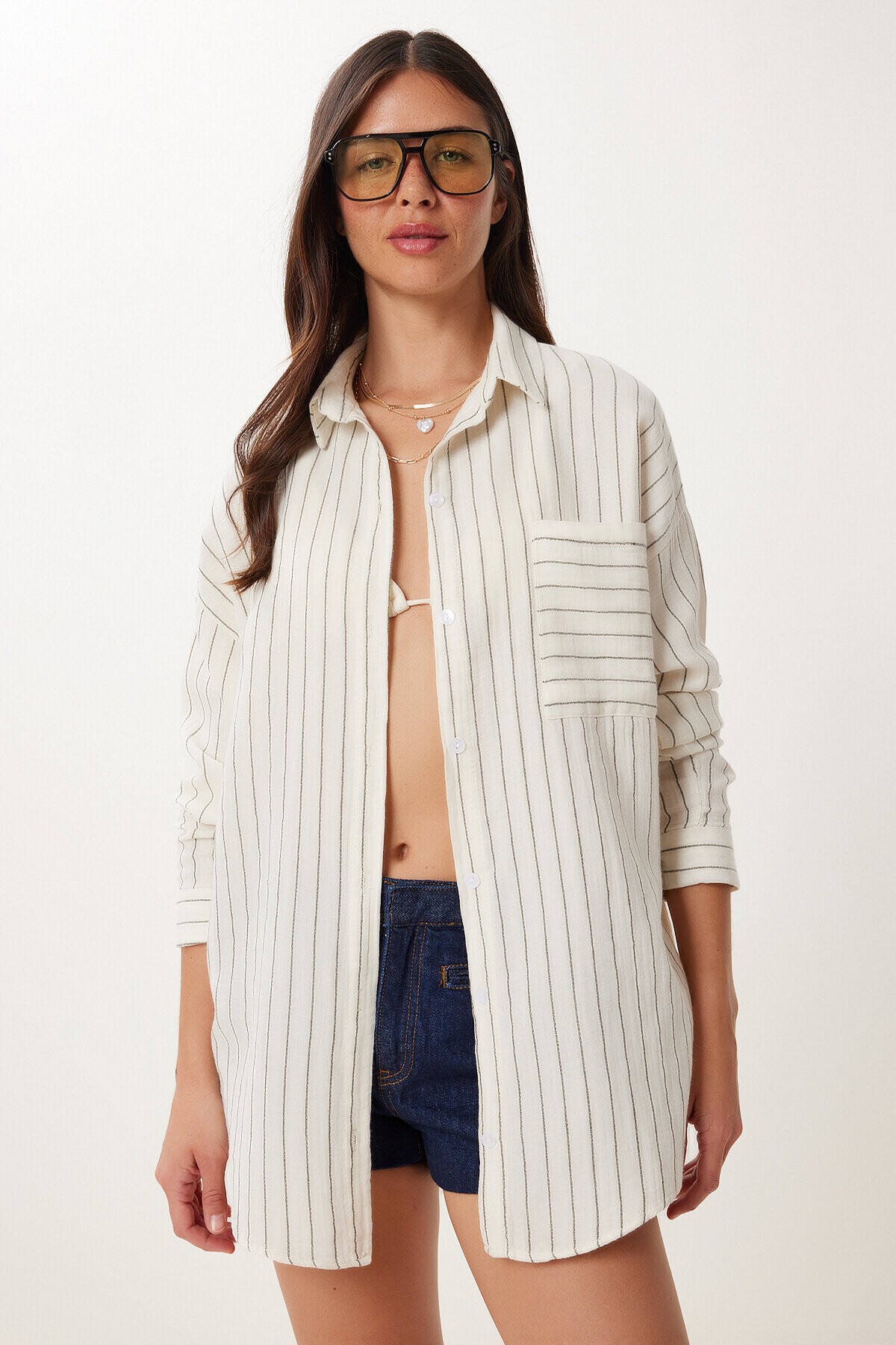 Çizgili Oversize Müslin Gömlek KREM HAKİ LGP0014