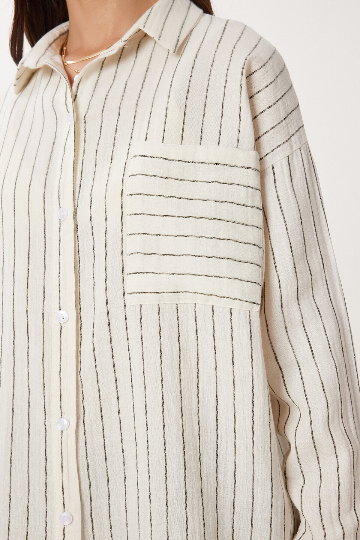 Çizgili Oversize Müslin Gömlek KREM HAKİ LGP0014