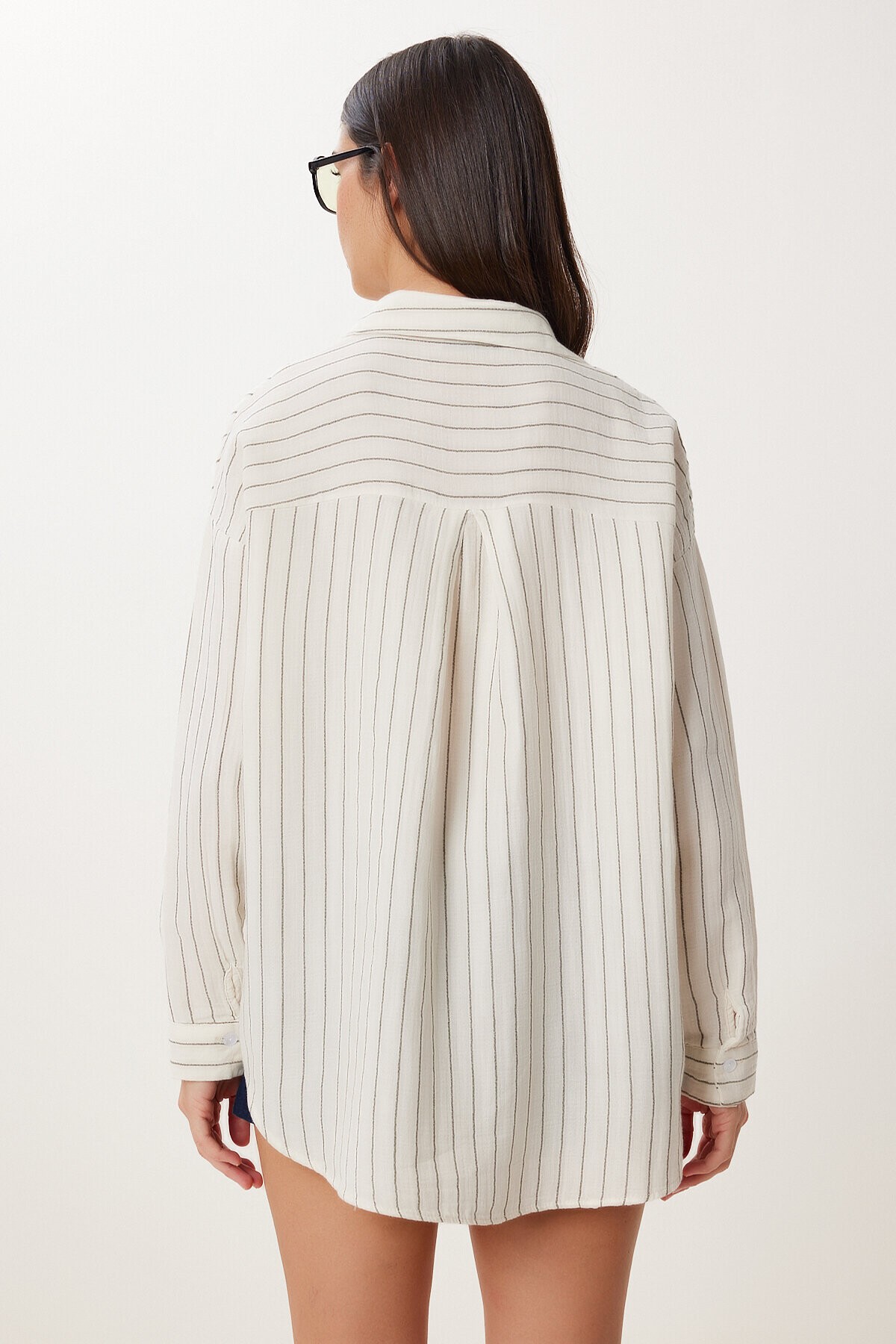 Çizgili Oversize Müslin Gömlek KREM HAKİ LGP0014