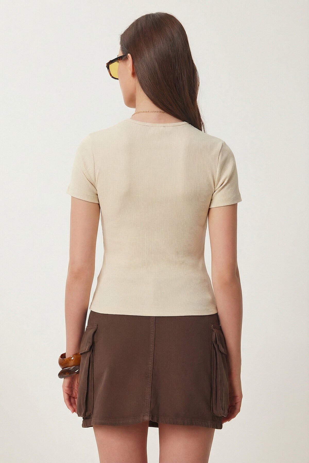 Cut Out Detaylı Crop Fitilli Örme Bluz KREM LEX0008