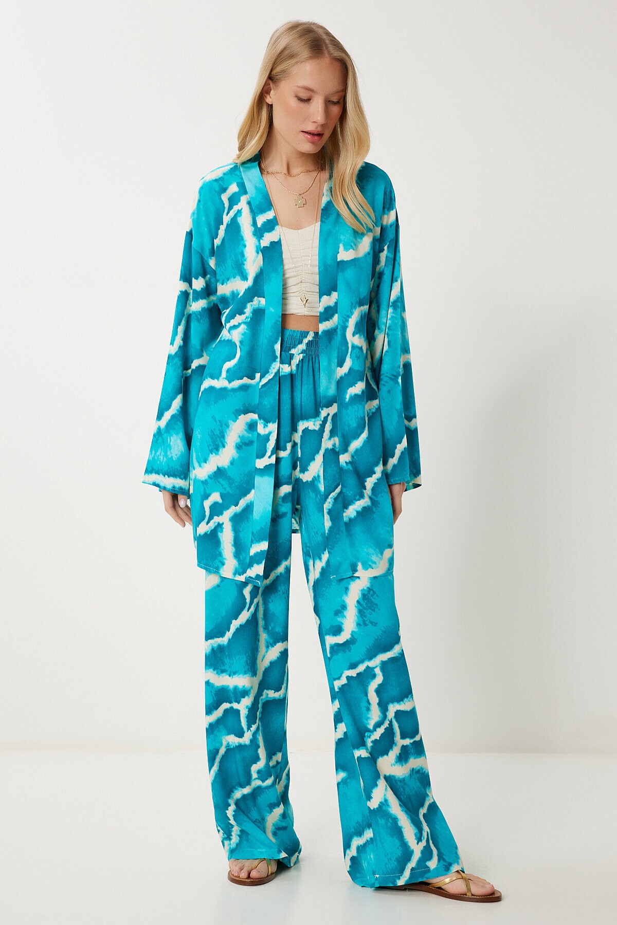 Desenli Yazlık Viskon Kimono Pantolon Takım AÇIK MAVİ LJE0003