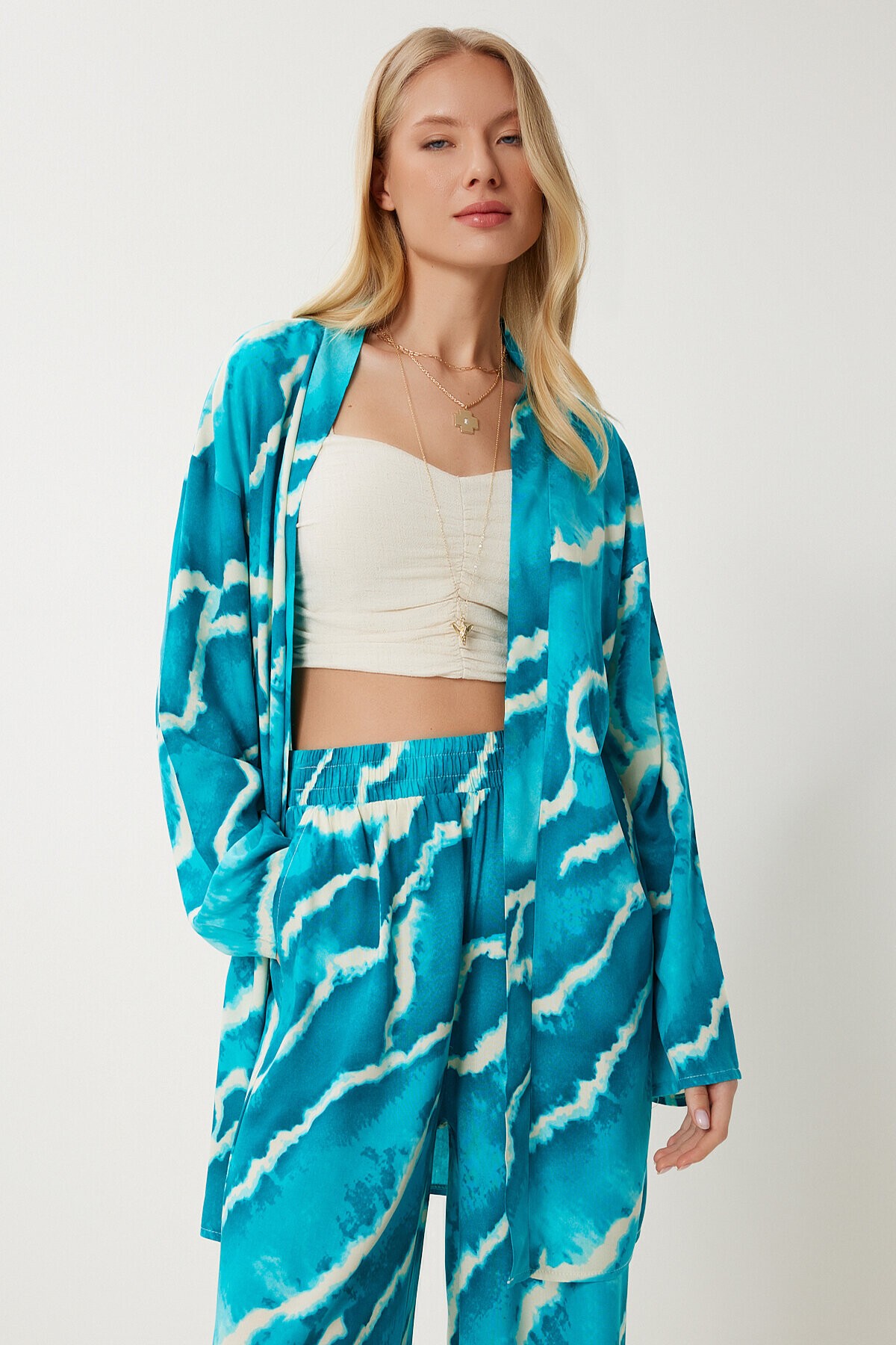 Desenli Yazlık Viskon Kimono Pantolon Takım AÇIK MAVİ LJE0003