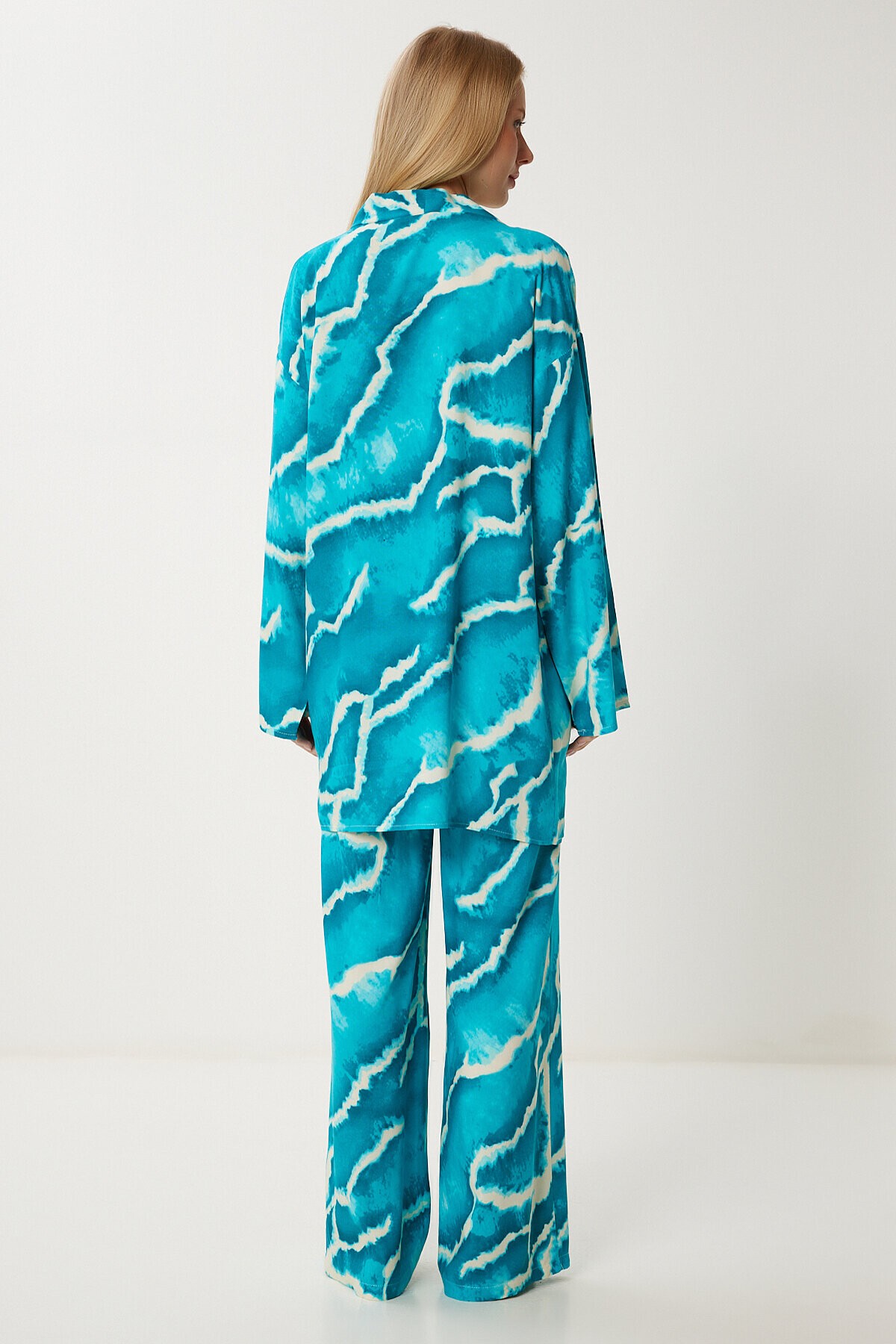 Desenli Yazlık Viskon Kimono Pantolon Takım AÇIK MAVİ LJE0003