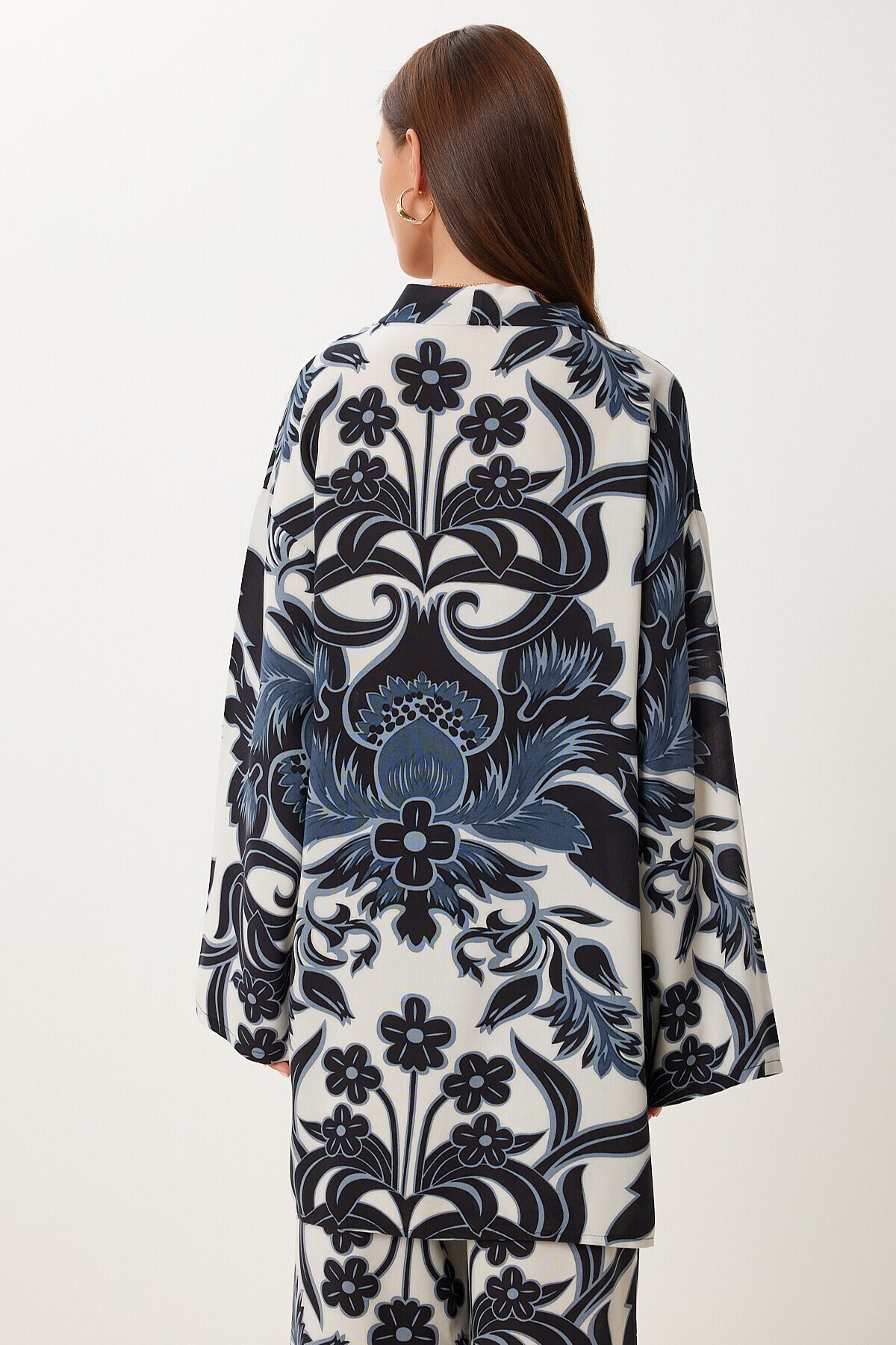 Desenli Yazlık Viskon Kimono Pantolon Takım FÜME KEMİK LJE0003
