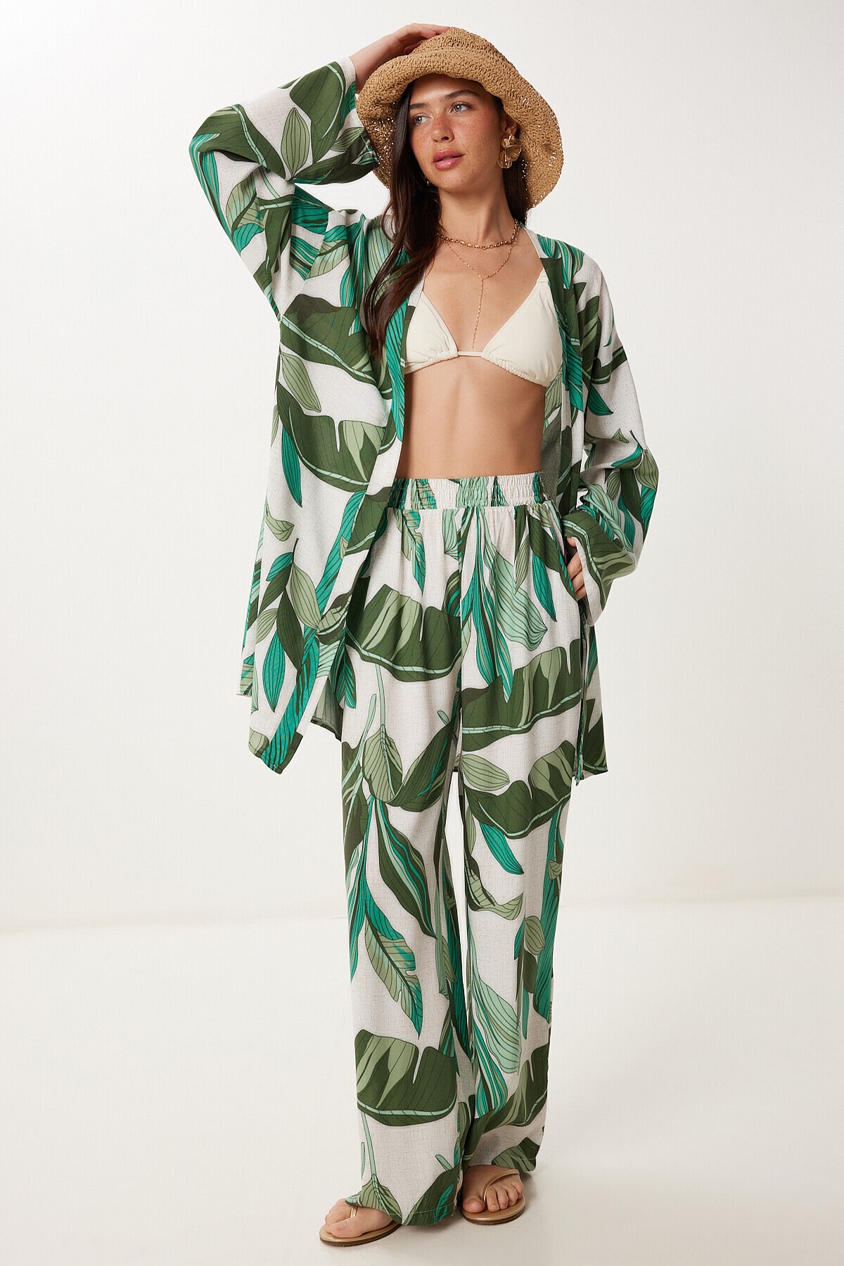 Desenli Yazlık Viskon Kimono Pantolon Takım HAKİ TAŞ LJE0003