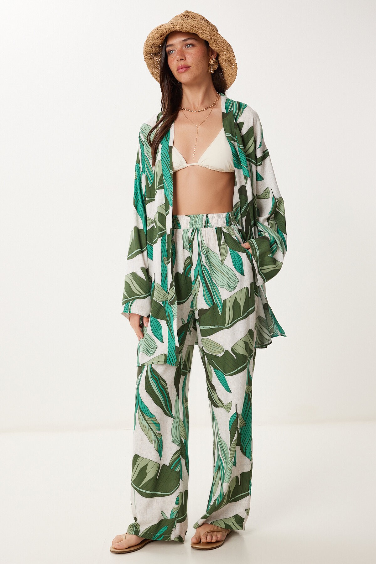 Desenli Yazlık Viskon Kimono Pantolon Takım HAKİ TAŞ LJE0003