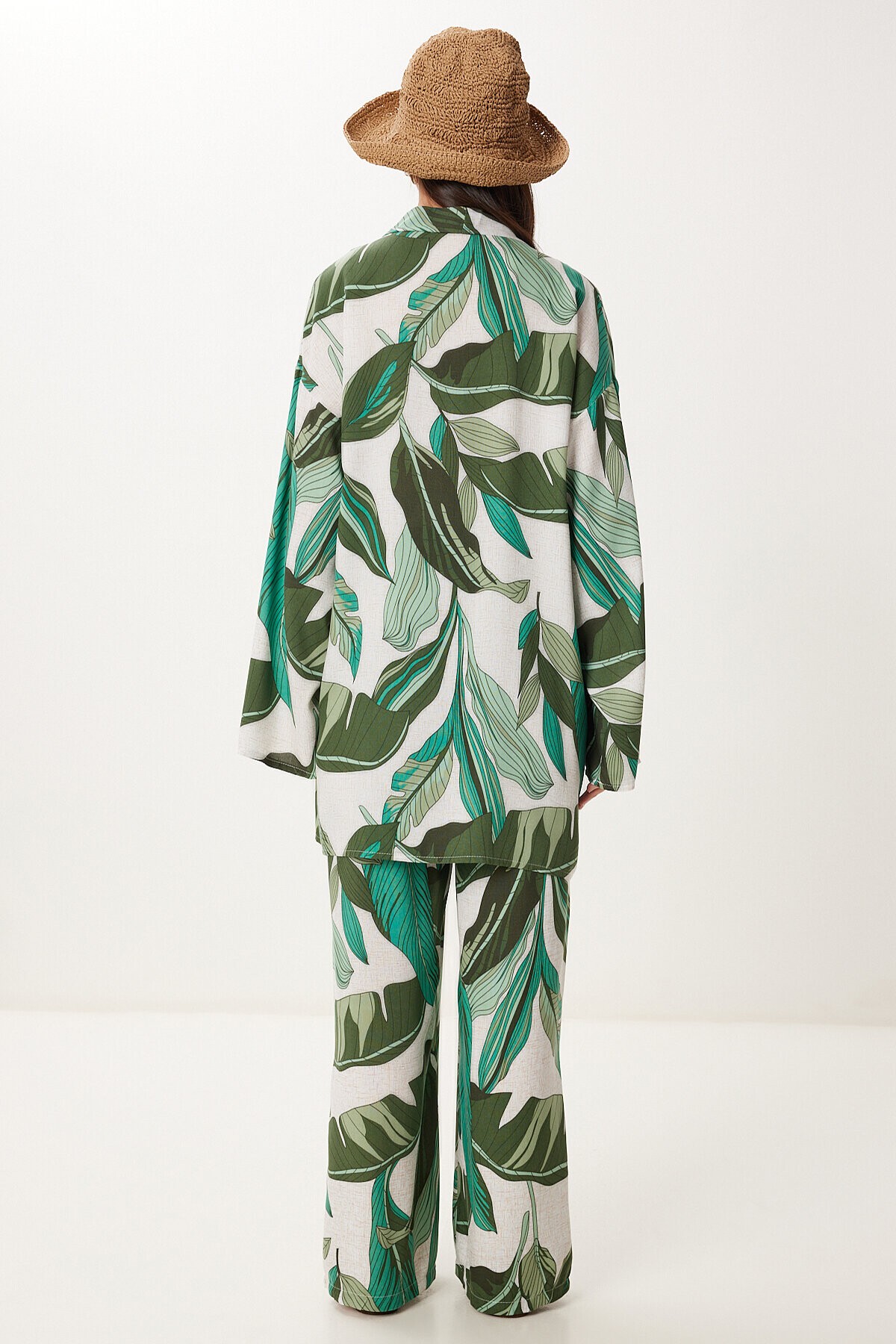 Desenli Yazlık Viskon Kimono Pantolon Takım HAKİ TAŞ LJE0003