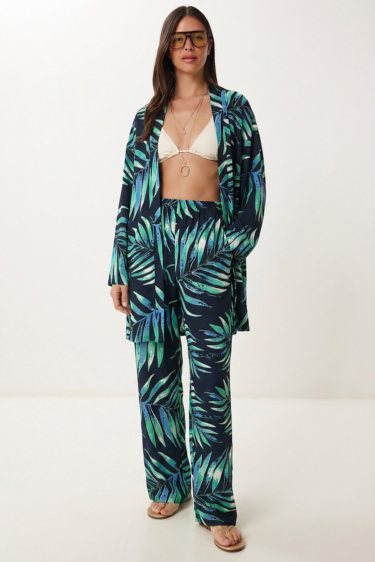 Desenli Yazlık Viskon Kimono Pantolon Takım LACİVERT YEŞİL LJE0003