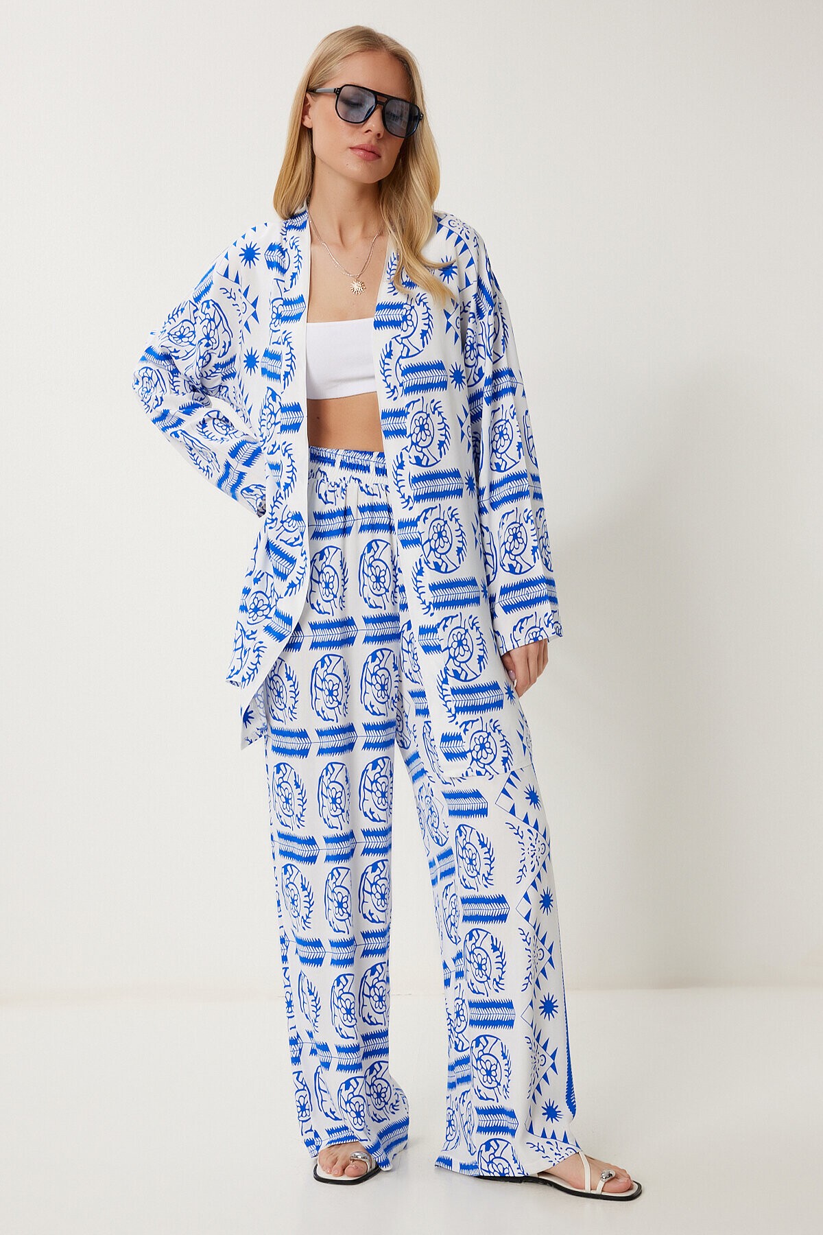 Desenli Yazlık Viskon Kimono Pantolon Takım MAVİ BEYAZ LJE0003