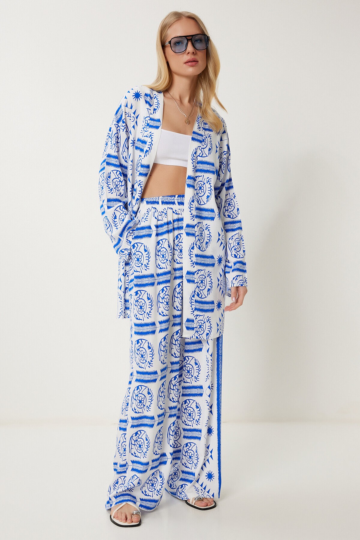Desenli Yazlık Viskon Kimono Pantolon Takım MAVİ BEYAZ LJE0003